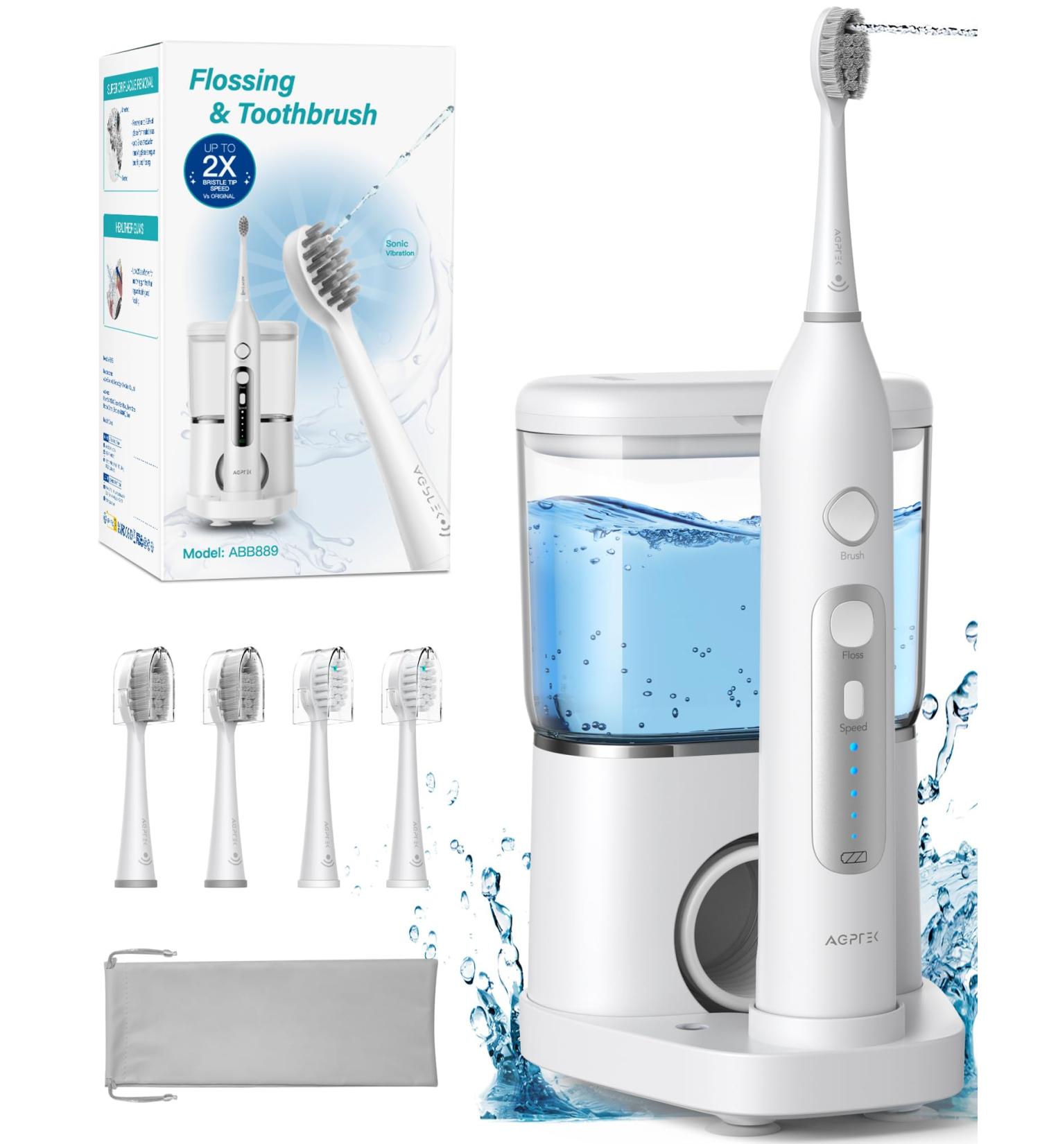 AGPTEK Electric Toothbrush & Mouth Shower - 5 Modes IPX7 Waterproof Wireless Tooth Cleaner for Teeth Gums & Braces - 500ml Water Tank White - Buy Online on GoSupps.com