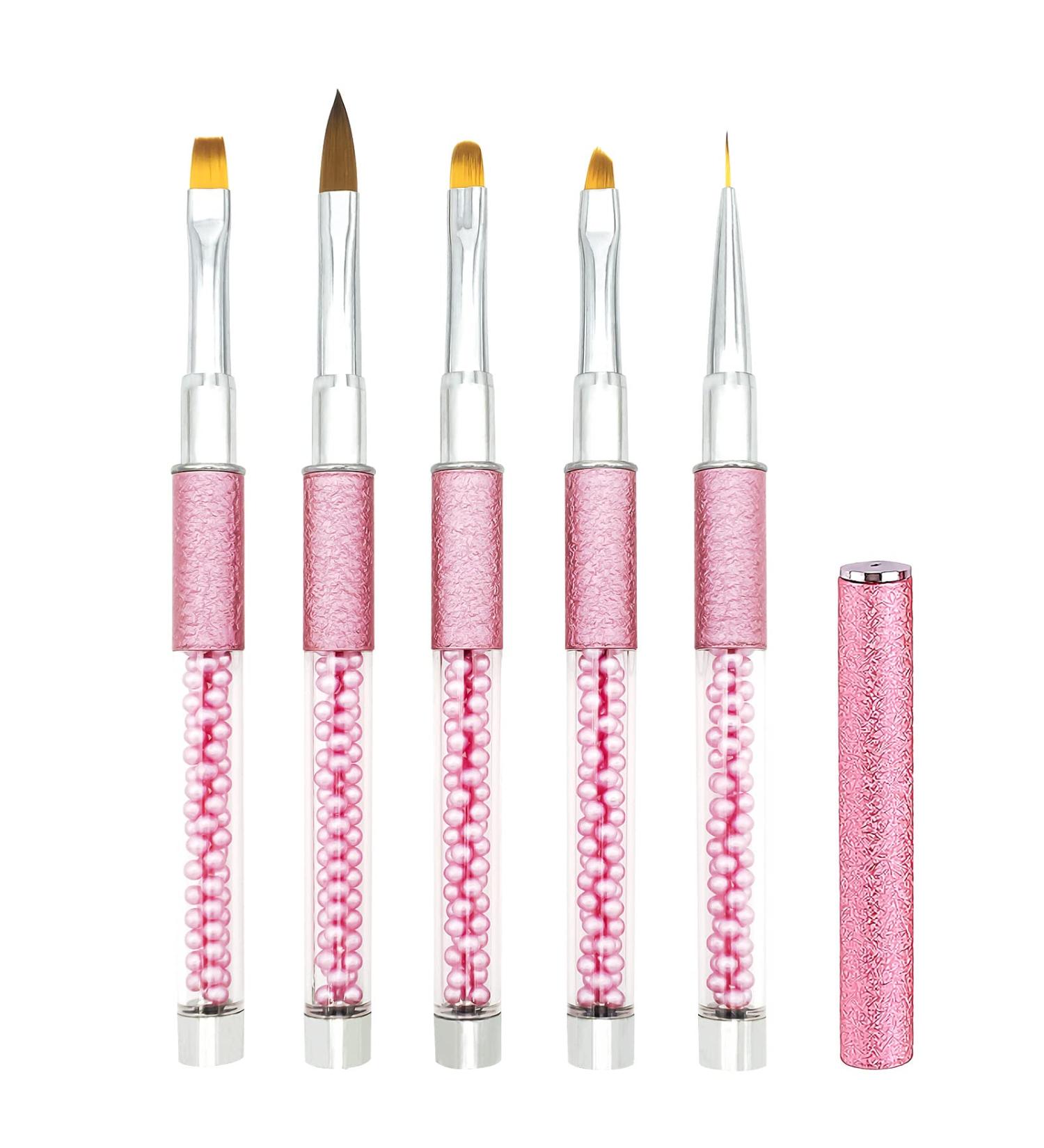 5PCS Nail Art Brushes Set with Pearl Handle for Gel Nails | LEA-SHALL Liner/Acrylic/Flat/Round/Angled UV Builder Kit | Fine Brush DIY Decoration, Home & Salon Design - Rose Red - Buy Online on GoSupps.com