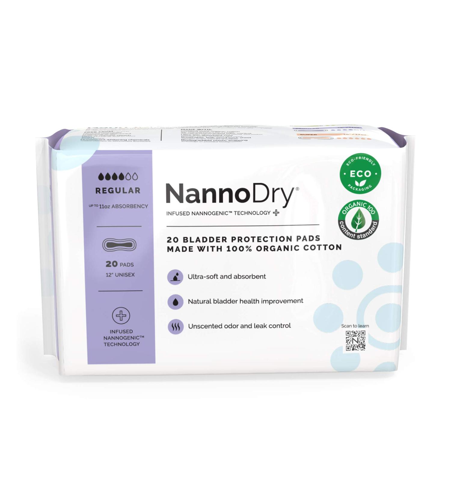 NannoDry Organic Cotton Incontinence Pads - Bladder Leak Protection for Women and Men - Nannocare Regular (20 Count) - Buy Online on GoSupps.com