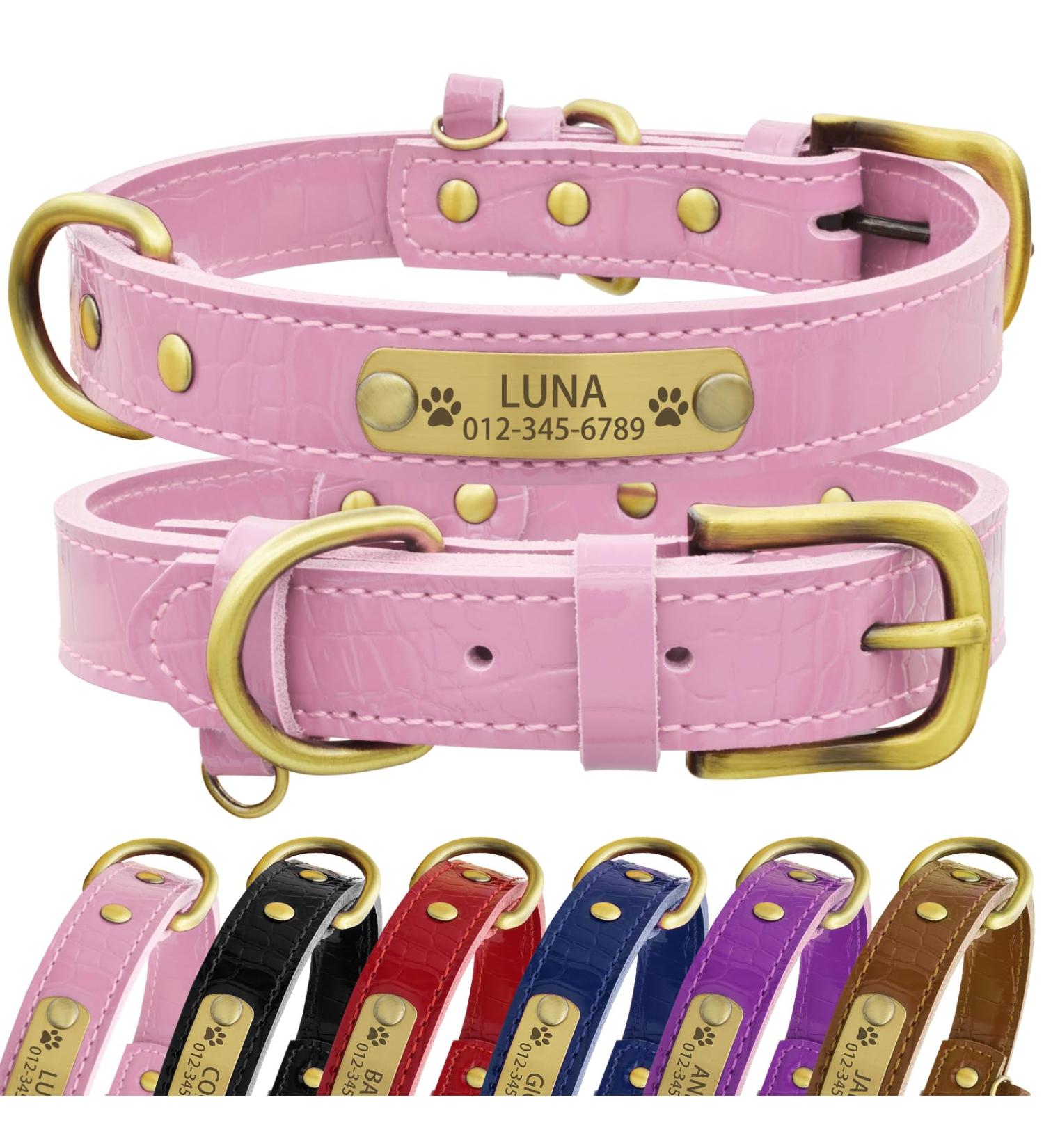 Senristar Personalized Leather Dog Collar - Engraved Name Tag Durable & Stylish for Small Medium & Large Dogs (L Pink) - Buy Online on GoSupps.com
