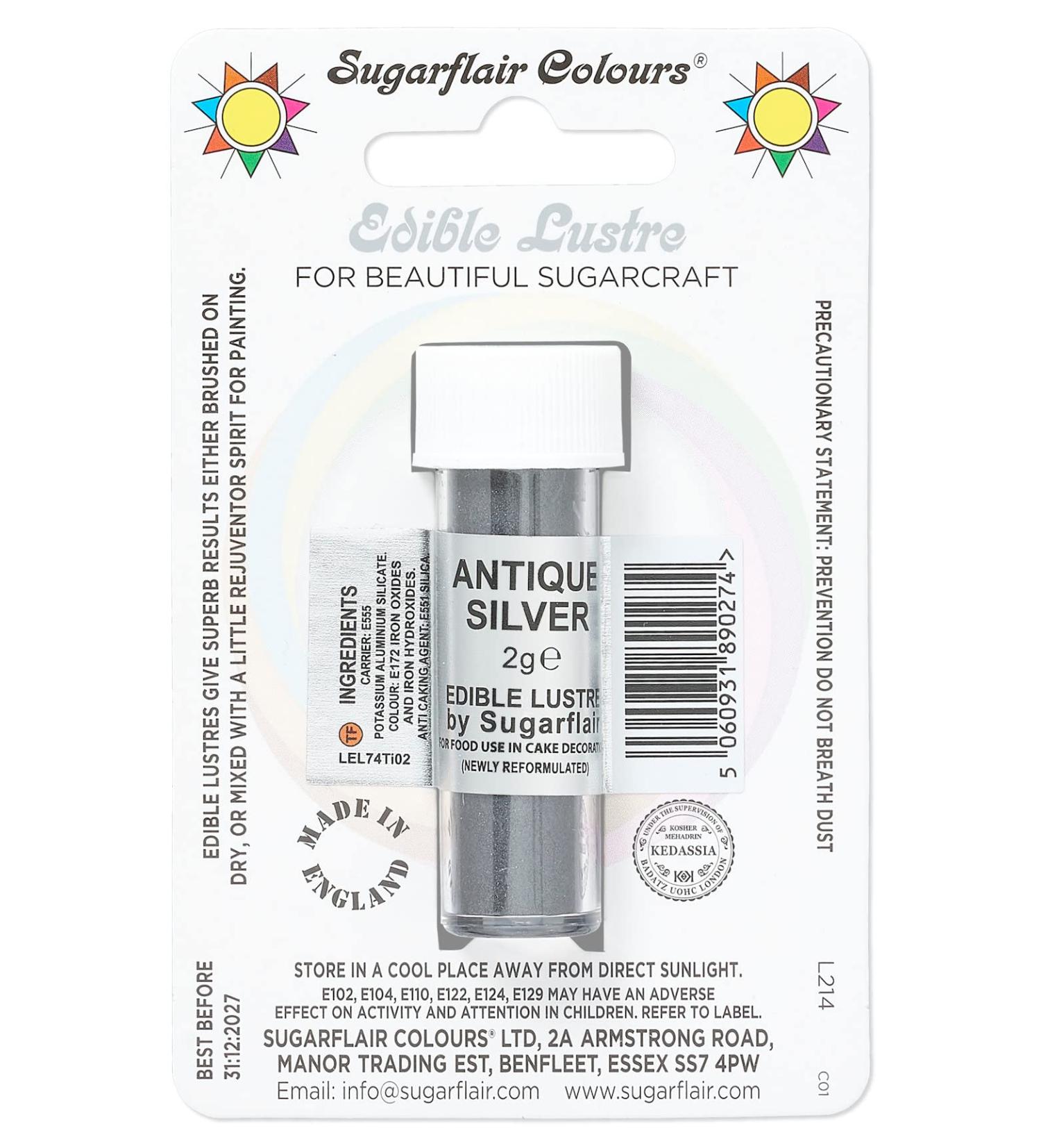Sugarflair Antique Silver Edible Lustre Dust (E171 Free) Add a Lustrous Shine to Cakes or Decorations. Brush On or Add Rejuvenator to Create Eye-Catching Edible Paint- 2g