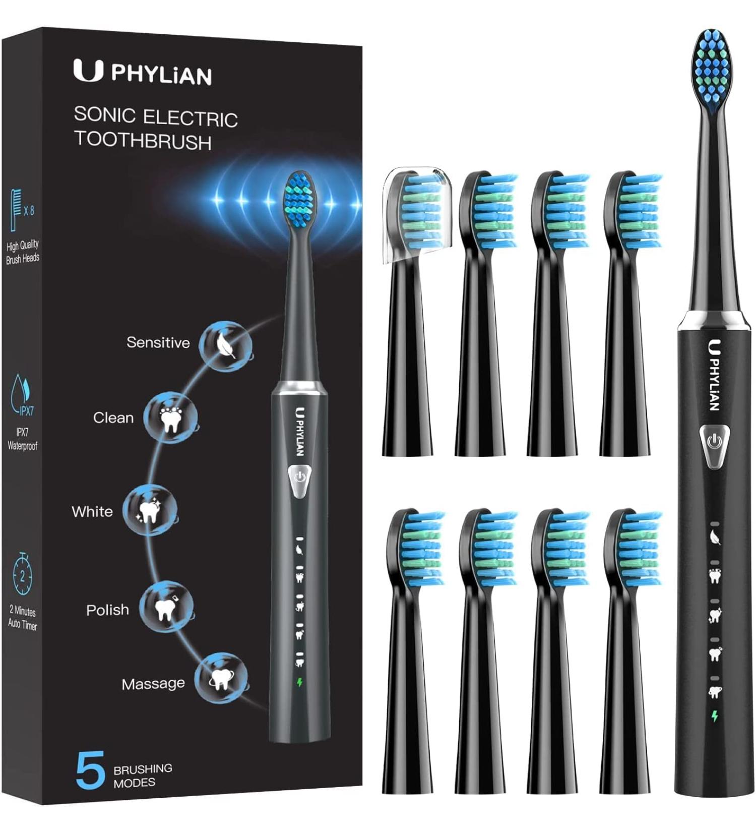 Sonic Electric Toothbrush - PHYLIAN Sonic Toothbrush with 8 Replacement Brushes 5 Modes & Timer | Best International Shipping - Buy Online on GoSupps.com