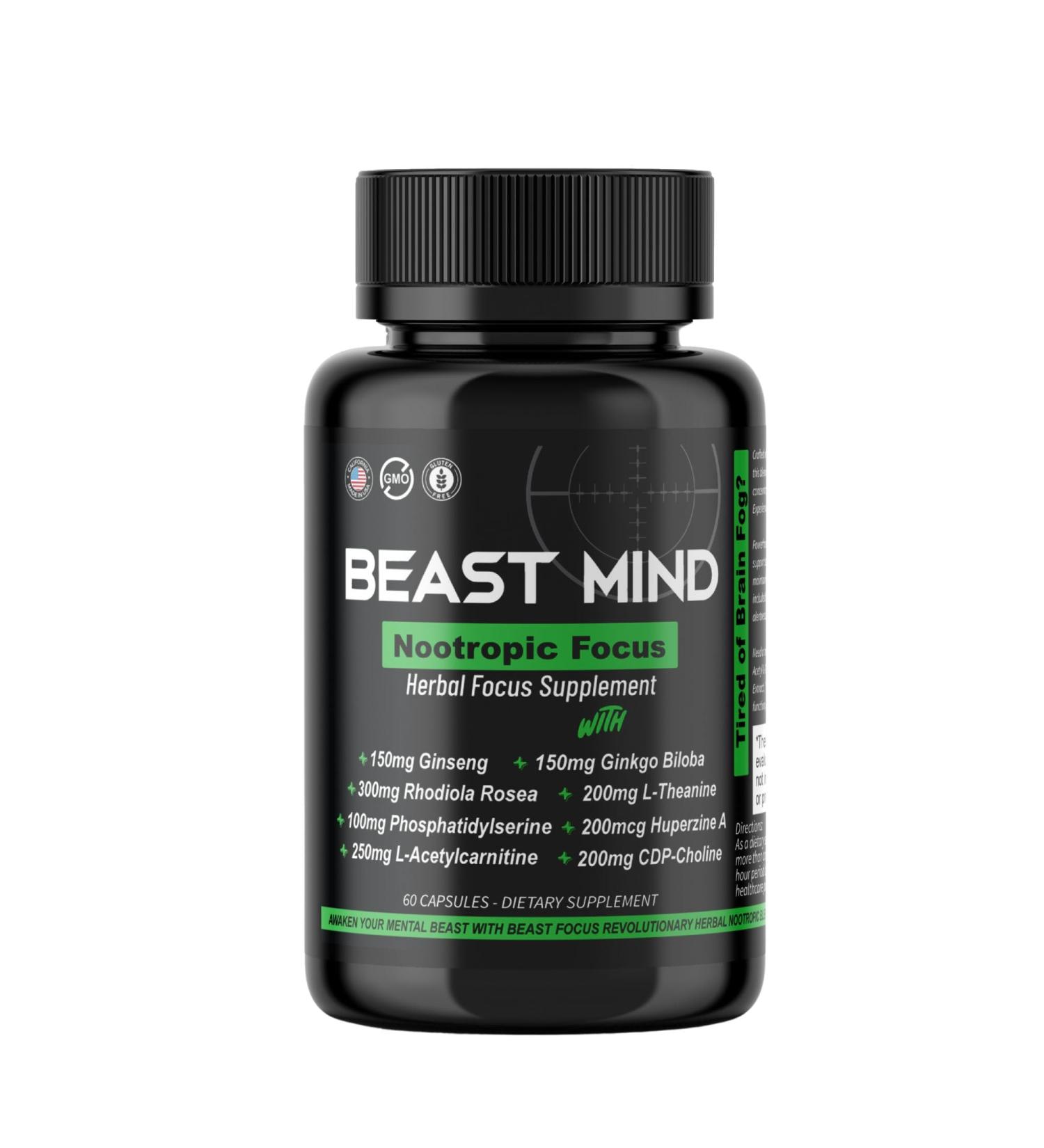 Beast Mind Focus Clarity Nootropic Blend | Ginkgo Biloba | Huperzine A | Rhodiola | Citicoline | L-Theanine | Enhanced Focus & Clarity & Cognitive Function Labs - Buy Online on GoSupps.com