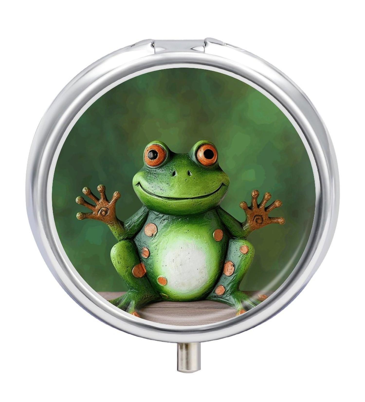 Round Frog Print Pill Box - 3 Compartment Medicine Organizer | Decorative Metal Portable Pocket Pill Case - Buy Online on GoSupps.com