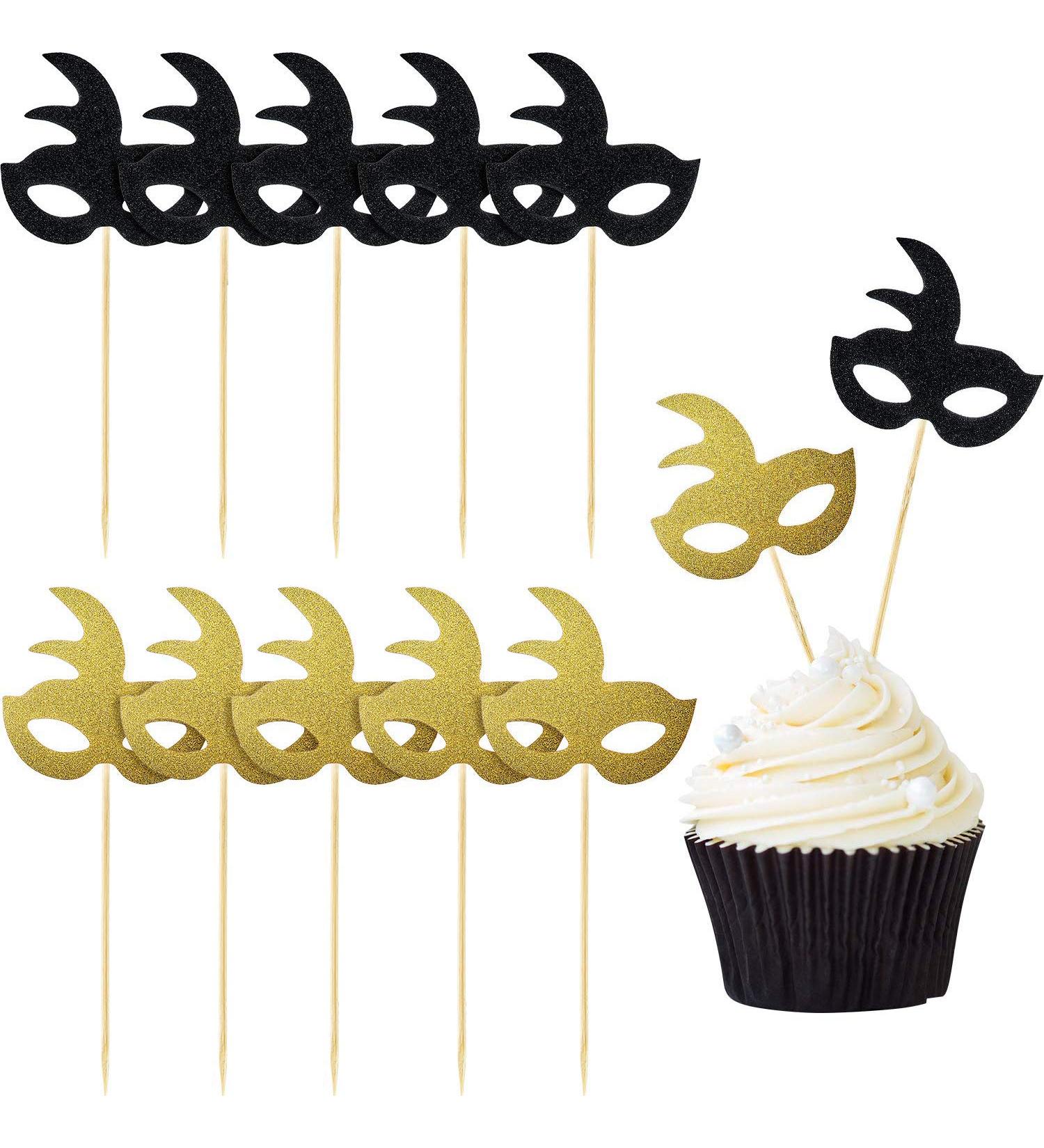 48 Pieces Masquerade Masks Cupcake Topper Glitter Mask Cake Topper Picks Dessert Cupcake Toppers for Masquerade Mardi Gras Party Baby Shower Birthday Party Decorations (Gold and Black) - Buy Online on GoSupps.com