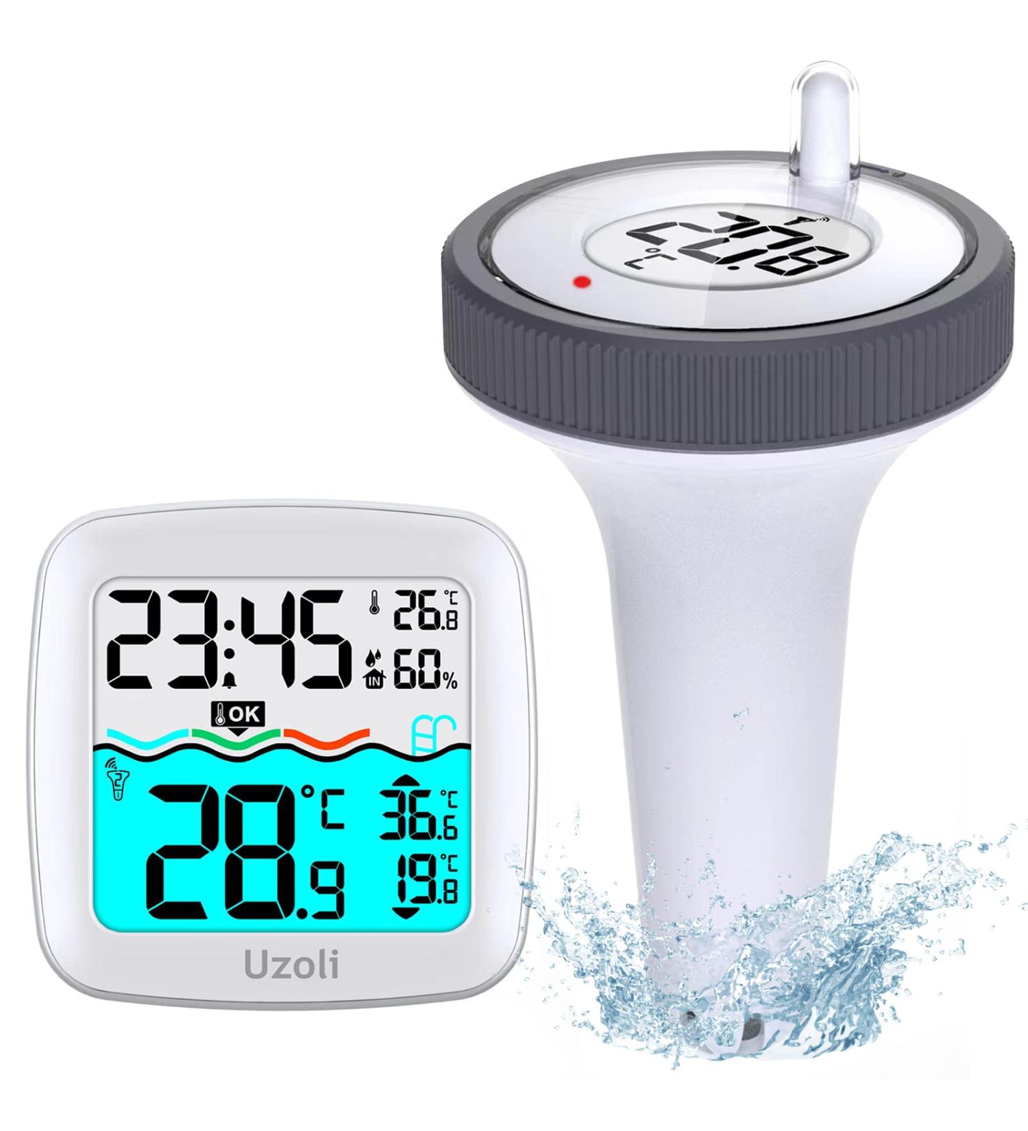 Uzoli Floating Pool Thermometer with Radio & Sensor - LCD Display Comfort Level Time Alarm IPX7 Waterproof for Swimming Pool & Pond - EM3385 - Buy Online on GoSupps.com