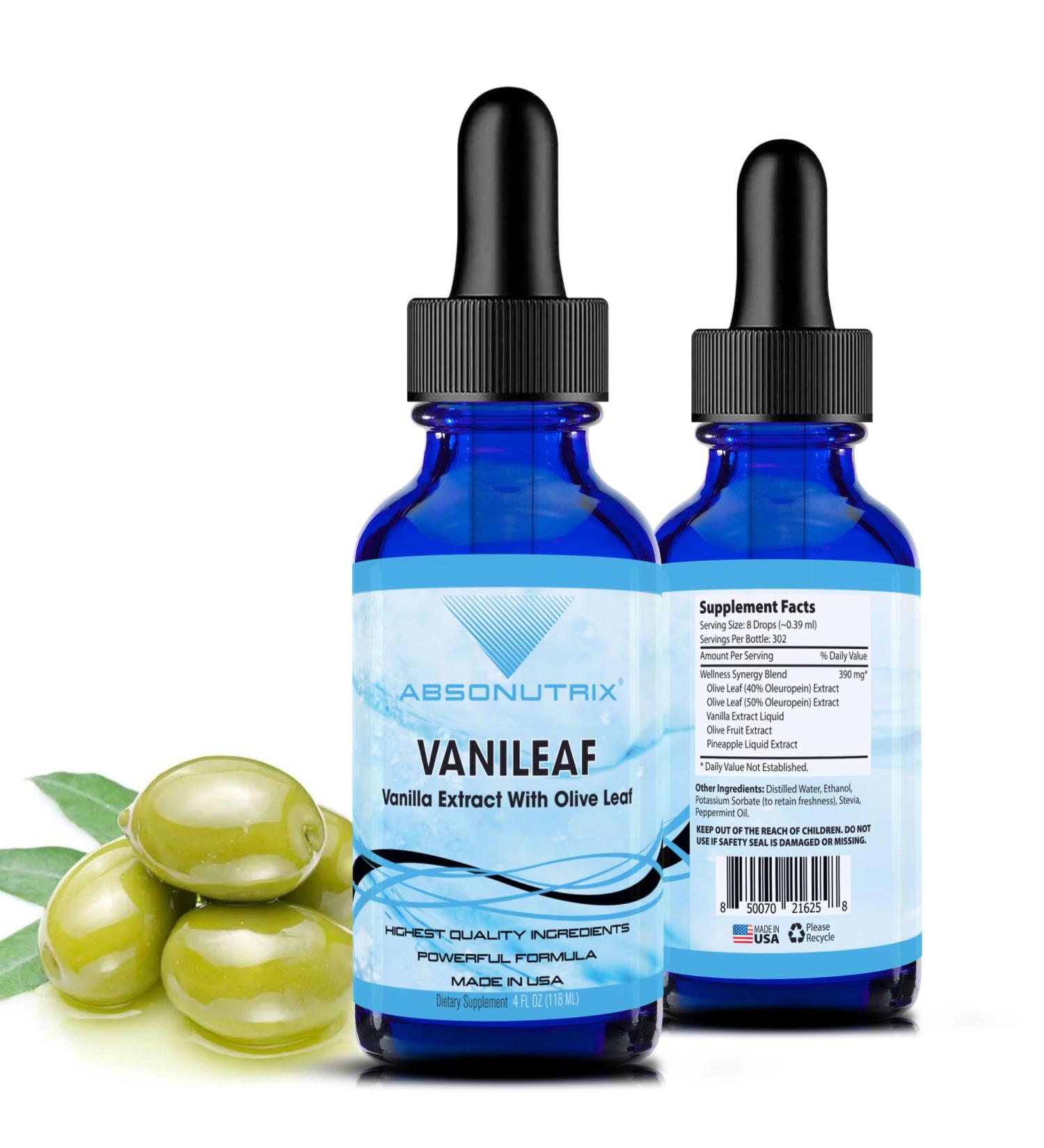 Absonutrix VaniLeaf 390 mg 4 FL OZ Liquid 302 Servings Made in USA Plant-Based Ingredients Olive Fruit Pineapple Liquid Vanilla Extract Gluten-Free Non-GMO GMP Certified - Buy Online on GoSupps.com