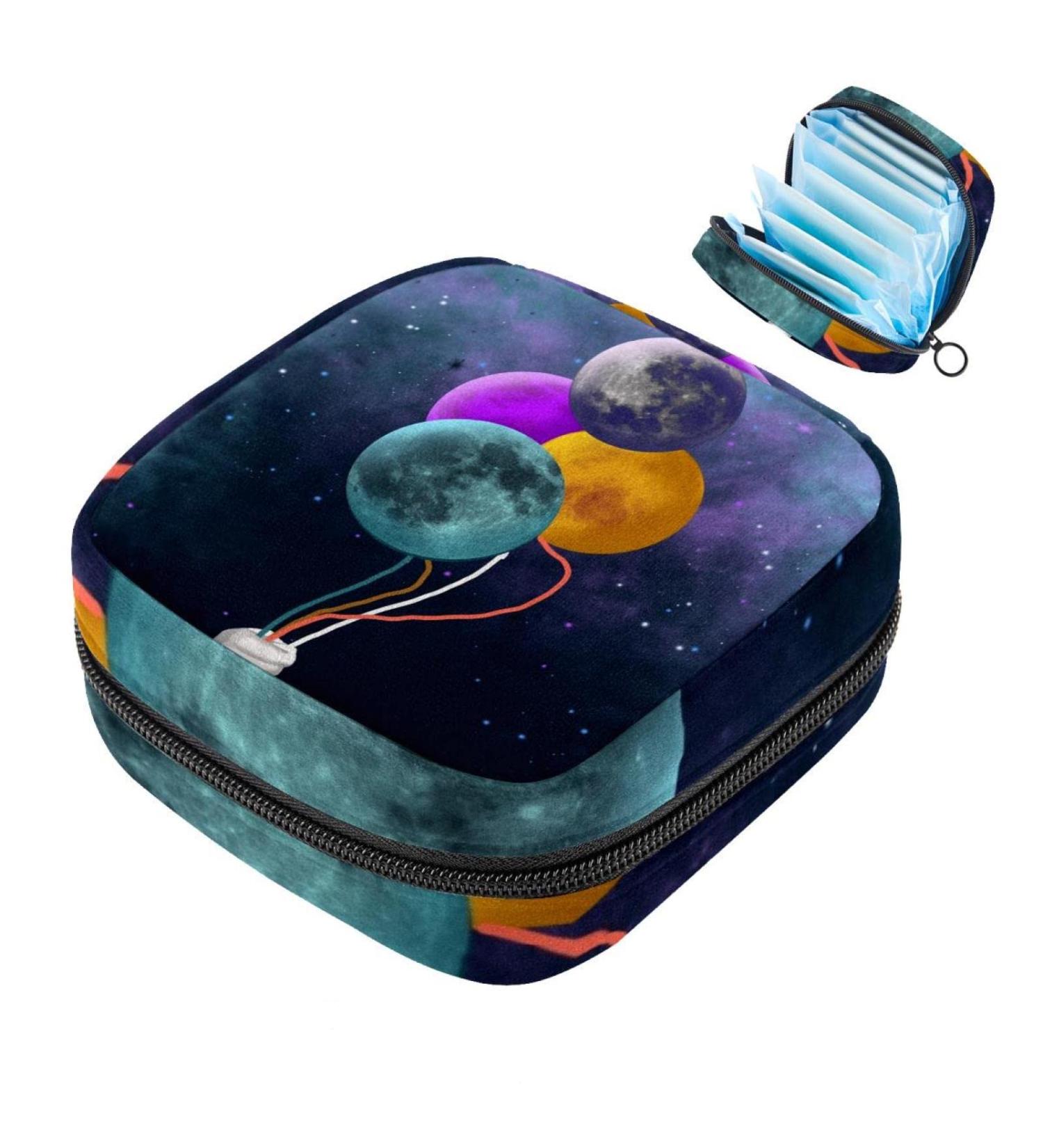 Cosmic Starry Sky Planet Balloon Sanitary Napkins Storage Bag | Portable Menstrual Cup Pocket with Zip for Teens & Women - Color 1 - Buy Online on GoSupps.com