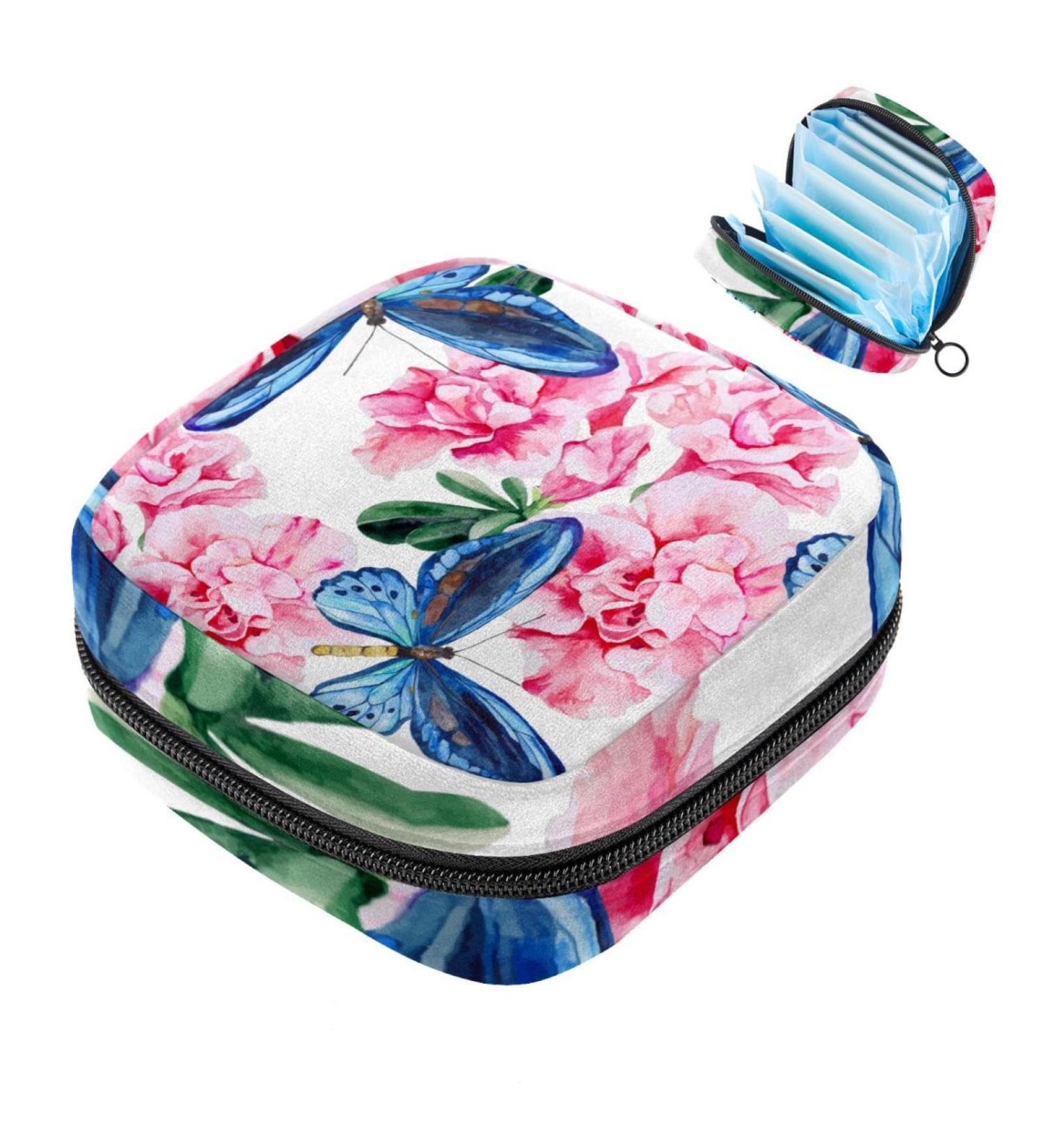 Shop Stylish Storage Bags for Women's Bandages - Blue Butterflies & Pink Floral | Large Menstrual Cup Cylinder with Zip | Ideal for Tampons & Period Inserts - Buy Online on GoSupps.com