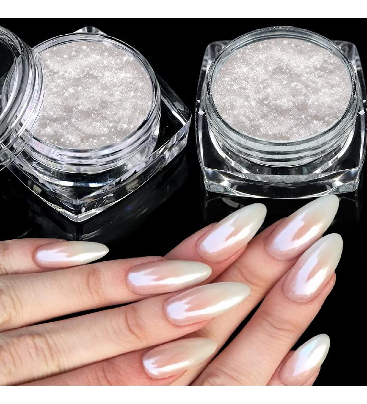 White Pearl Chrome Nail Powder - Aurora Ice Shimmer & Glitter for DIY Nail Art | 2PCs Mirror Effect Pigment - Buy Online on GoSupps.com
