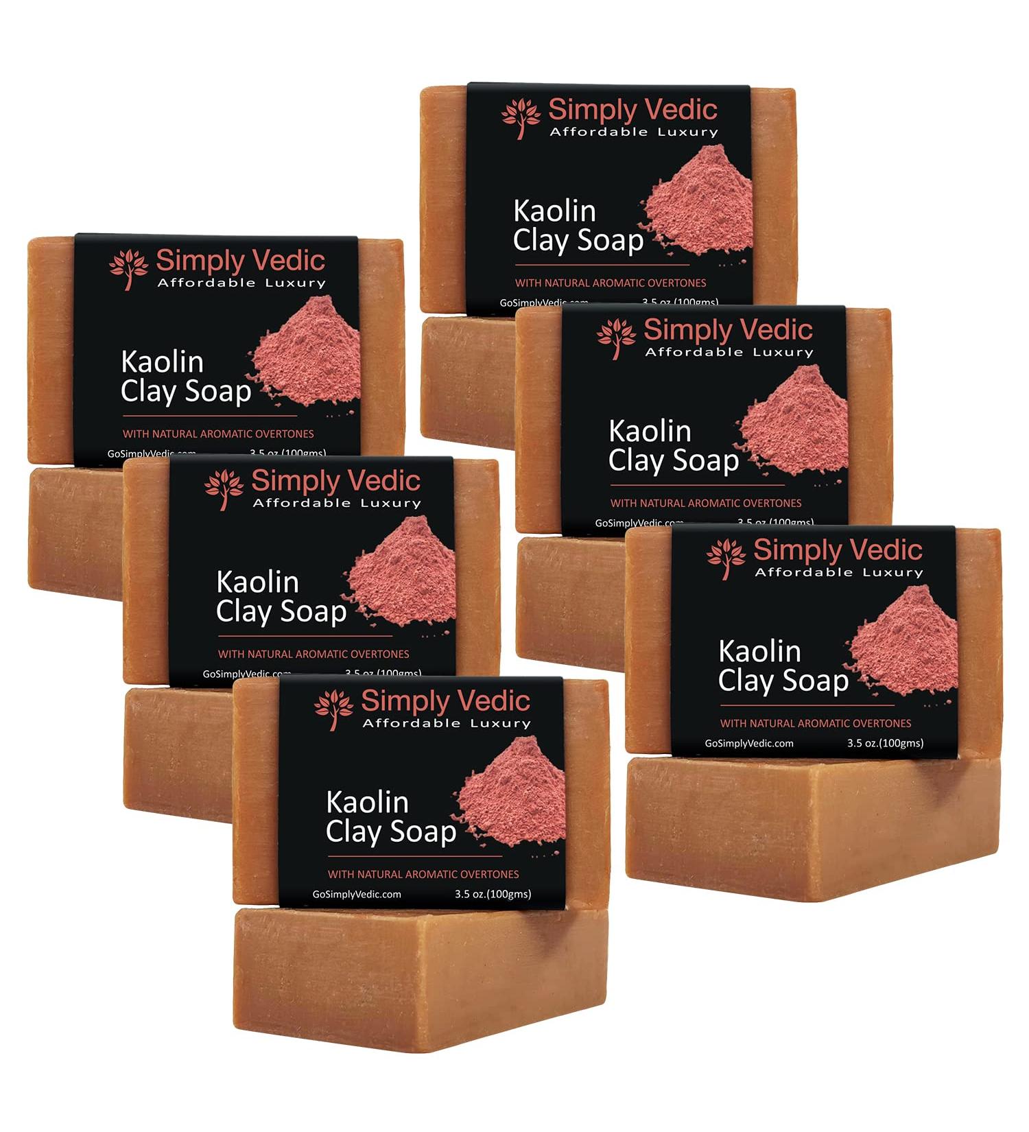 Simply Vedic Pink Kaolin Clay Soap Bar 6-Pack with Rose Essential Oil - Hand-Made Gift Set for Men & Women, Cold Pressed with Coconut Oil - Body, Hand, Face - 3.5 Oz. x 6 - Buy Online on GoSupps.com