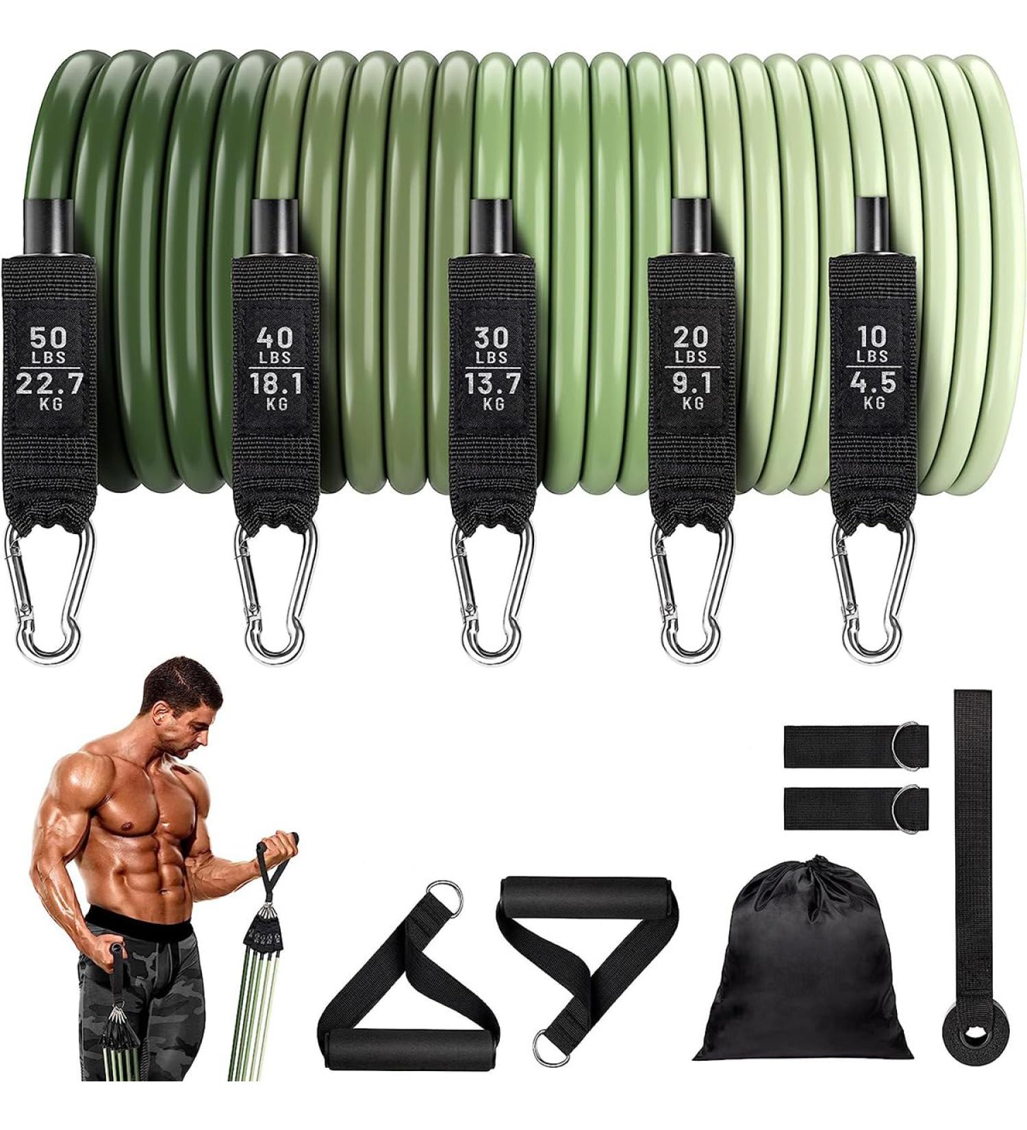 11 Piece Tension Rope Set with Handle Foot Clip - Stackable up to 150 lbs - for Resistance Training for Indoor and Outdoor Sports Fitness Suspension Speed Strength Home Gym Yoga Green - Buy Online on GoSupps.com