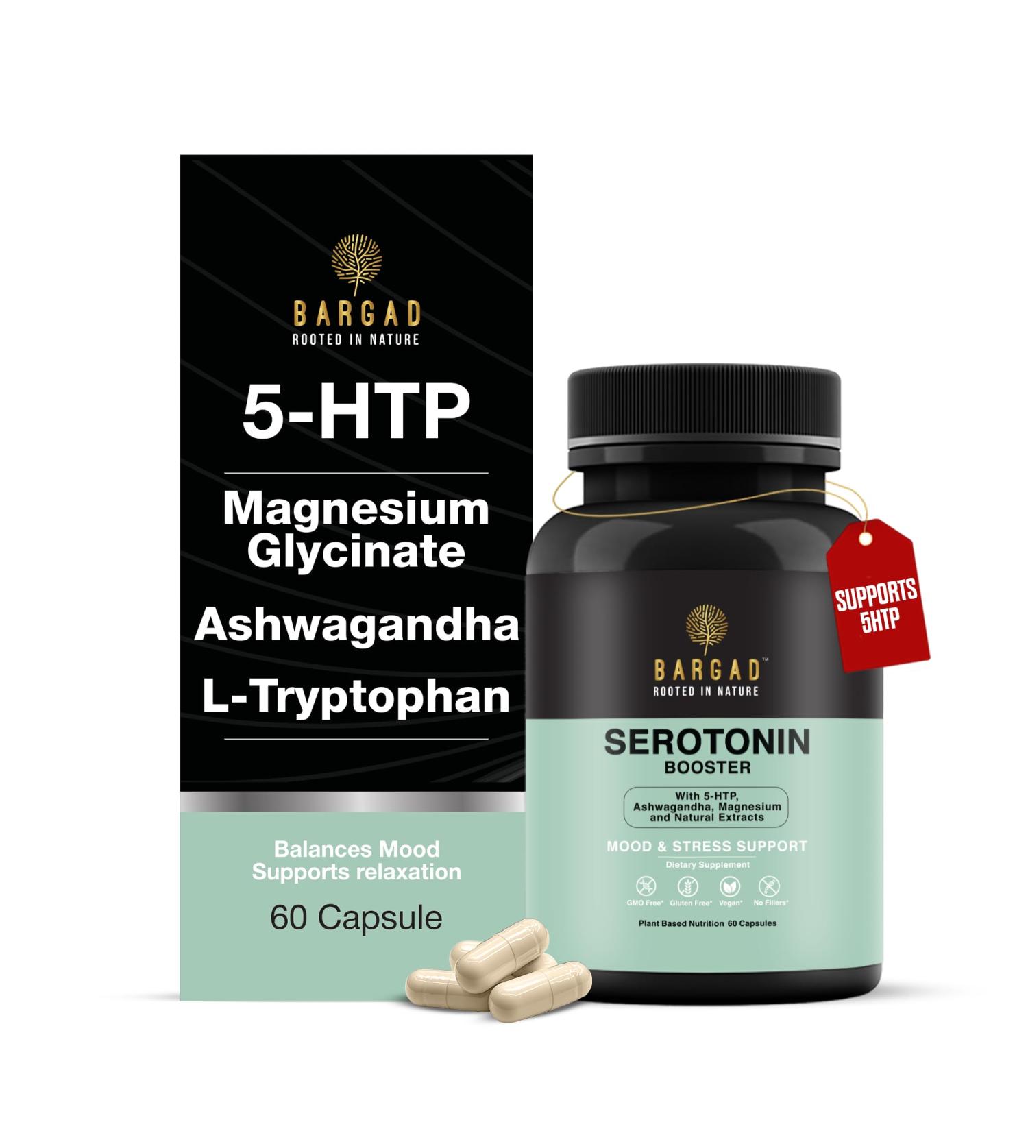 Bargad Serotonin Support Supplement Helps Boosts 5HTP Serotonin & Cortisol Levels Herbal Blend Promotes Positive Mood Calmness Stress Relief | Happy Mood & Brain Support | 60 Capsule - Buy Online on GoSupps.com