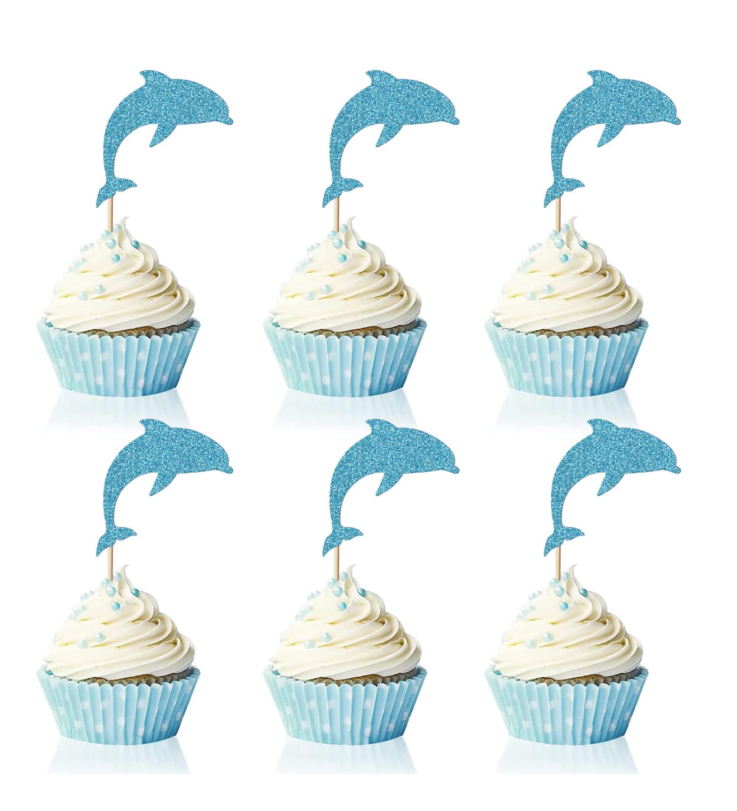 Trelsan 24 Piece Dolphin Cupcake Toppers - Blue Glitter Cupcake Toppers - Baby Shower - Birthday Party Sea Creature Themed Cake Toppers - Buy Online on GoSupps.com