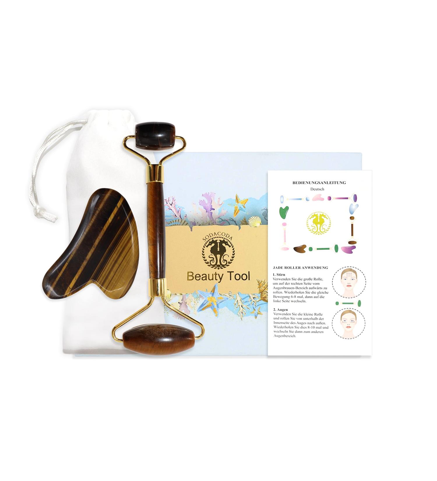 Sodacoda Gua Sha Set - Traditional Chinese Beauty Face Massage with Tiger Eye Semi-Precious Stone Scraper and Roller - Buy Online on GoSupps.com