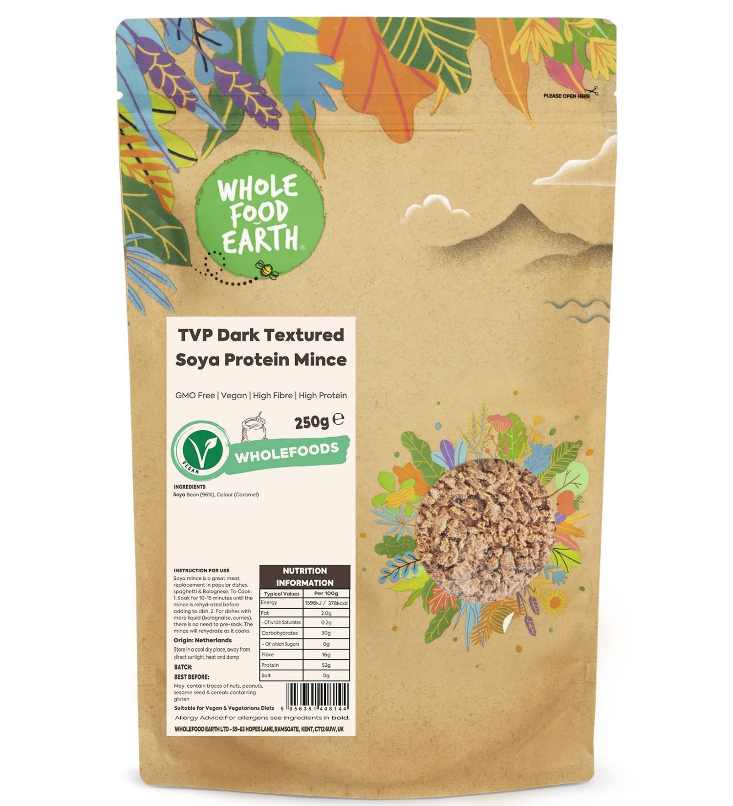Wholefood Earth TVP Dark Textured Soya Protein Mince 250 g | GMO Free | High Fibre | High Protein Soy 250g - Buy Online on GoSupps.com