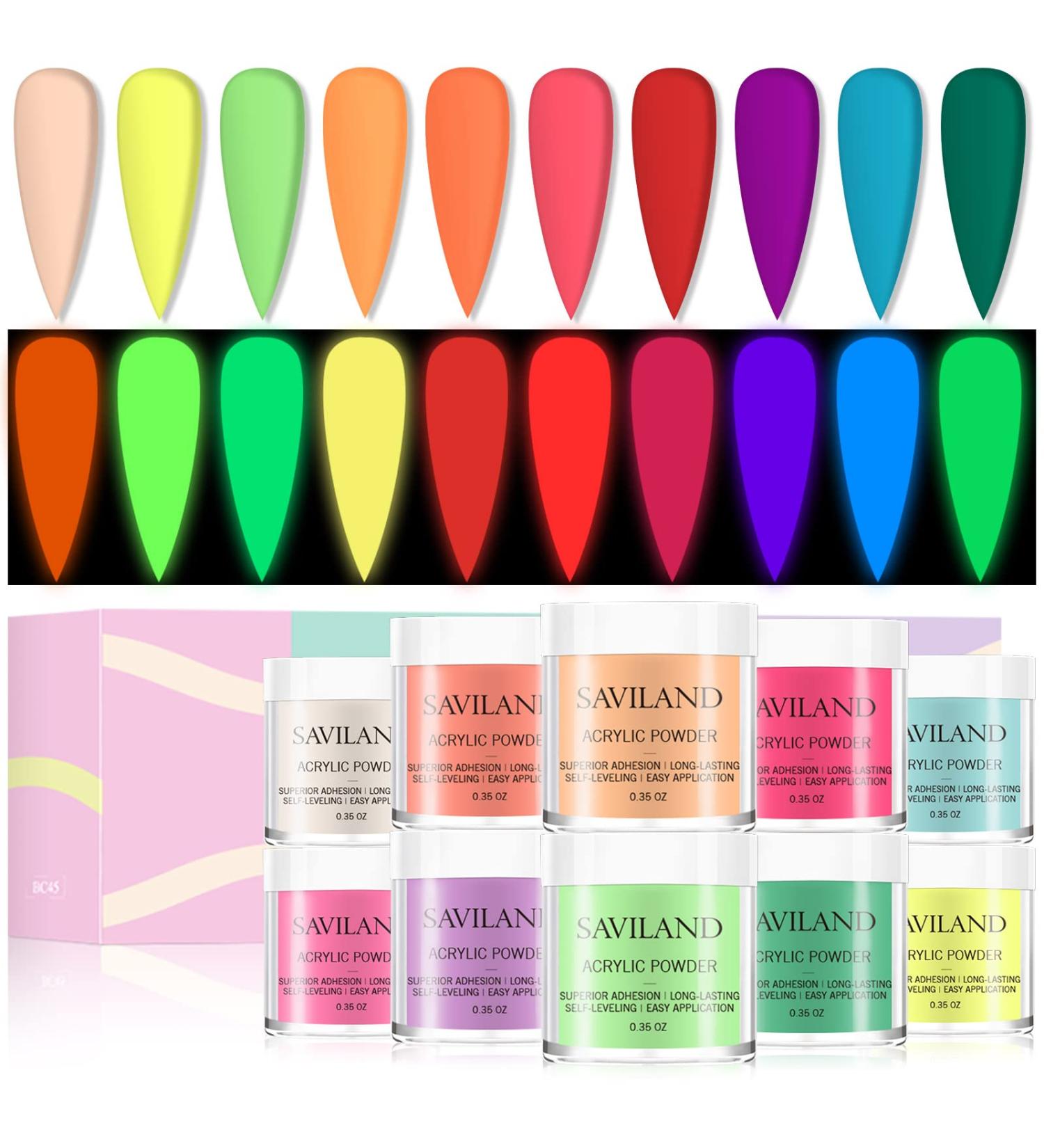 Saviland Glows in The Dark Acrylic Powder Set - 10 Neon Colors for Halloween Nails DIY Manicure - Buy Online on GoSupps.com