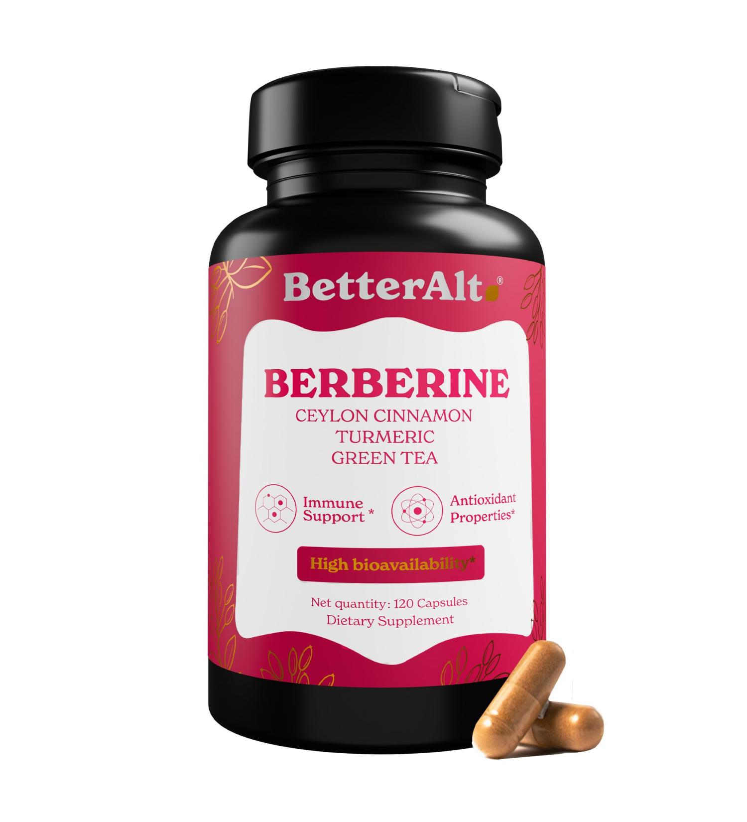 Better Alt Berberine Capsules (120) with HCL 97%| with Ceylon Cinnamon Turmeric Green Tea Ginseng| Aids Digestion & Supports Immunity| Vegan & Non GMO - Buy Online on GoSupps.com