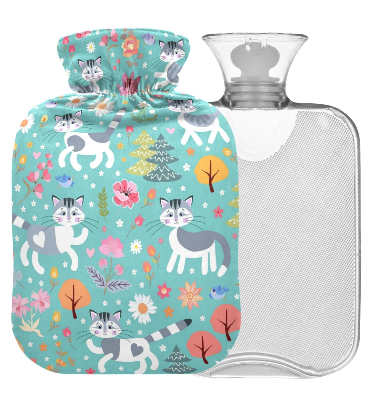 Naanle Flowers Cats 2L Hot Water Bottle - Transparent Cover for Pain Relief & Heat Therapy | Bed & Hand/Foot Warmer - Buy Online on GoSupps.com