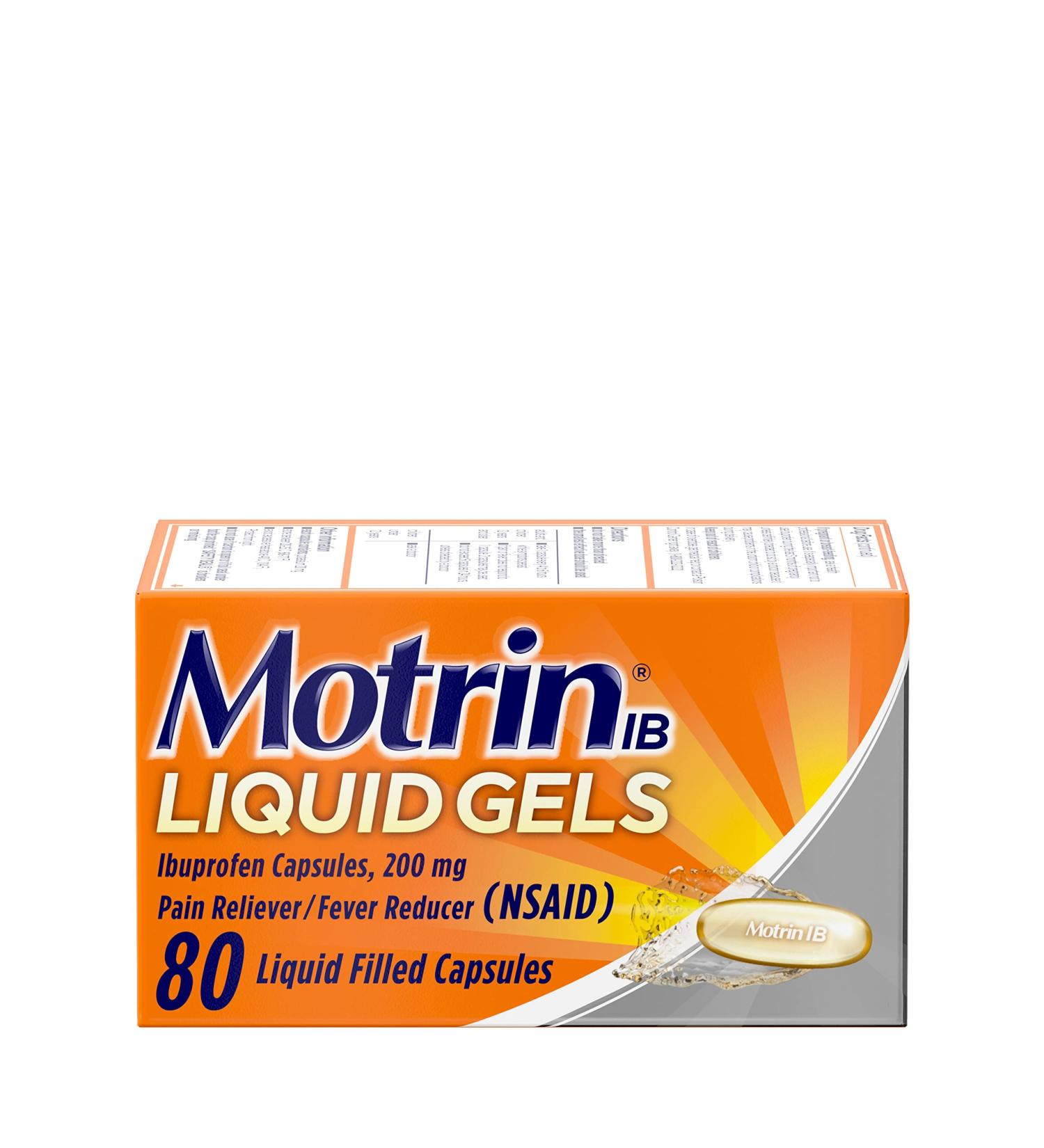 Motrin IB Liquid Gels 200mg, 80 Ct - Pain Reliever for Arthritis, Aches, Headache, Menstrual Cramps - NSAID - Buy Online on GoSupps.com