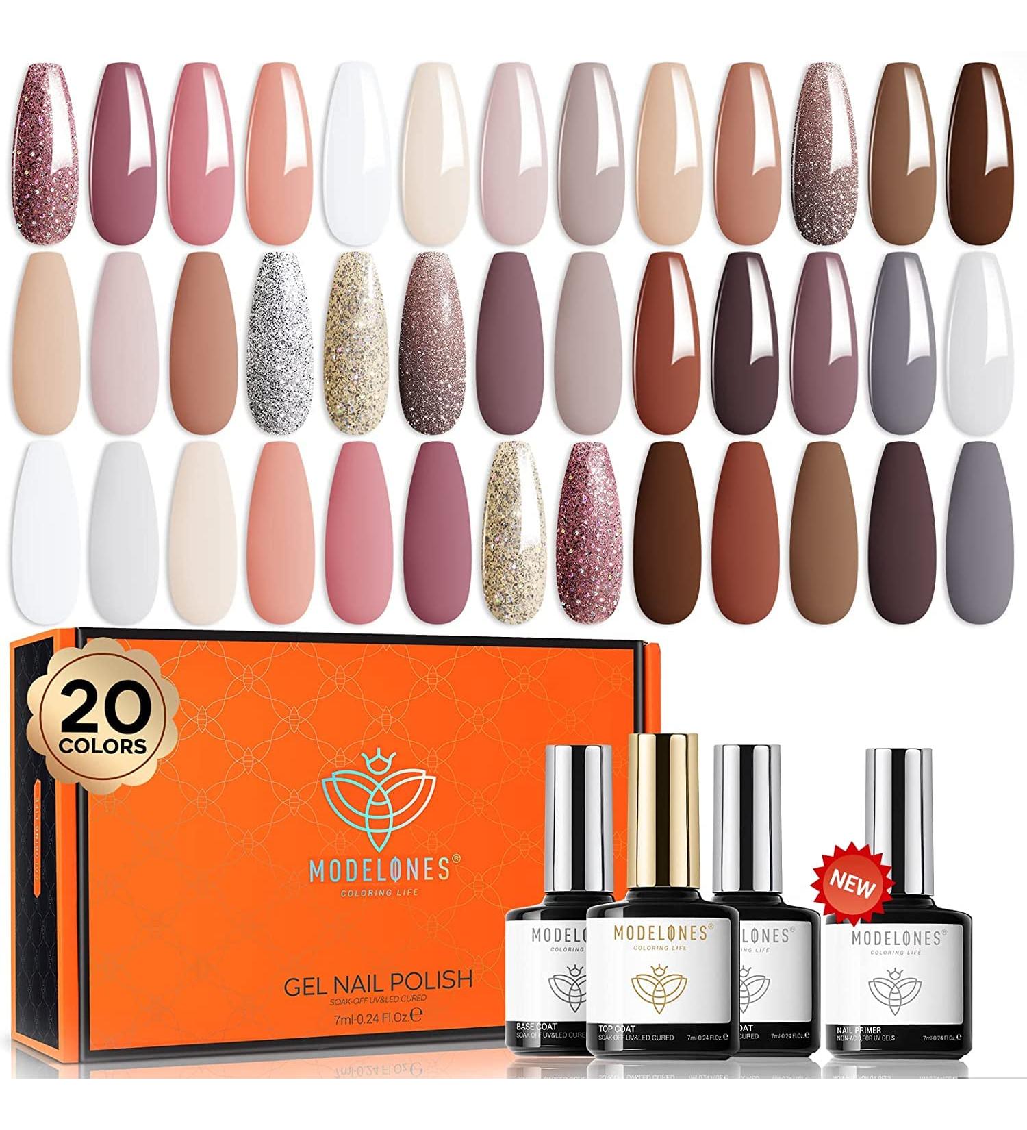 Modelones 24 Pcs Gel Nail Polish Set 20 Colors Nude Pink White Nail Polish Neutral Brown Glitter Gel Polish Set with Bond Primer Glossy & Matte Top Base Coat Soak Off LED Manicure Gifts White Glitter Brown - Buy Online on GoSupps.com
