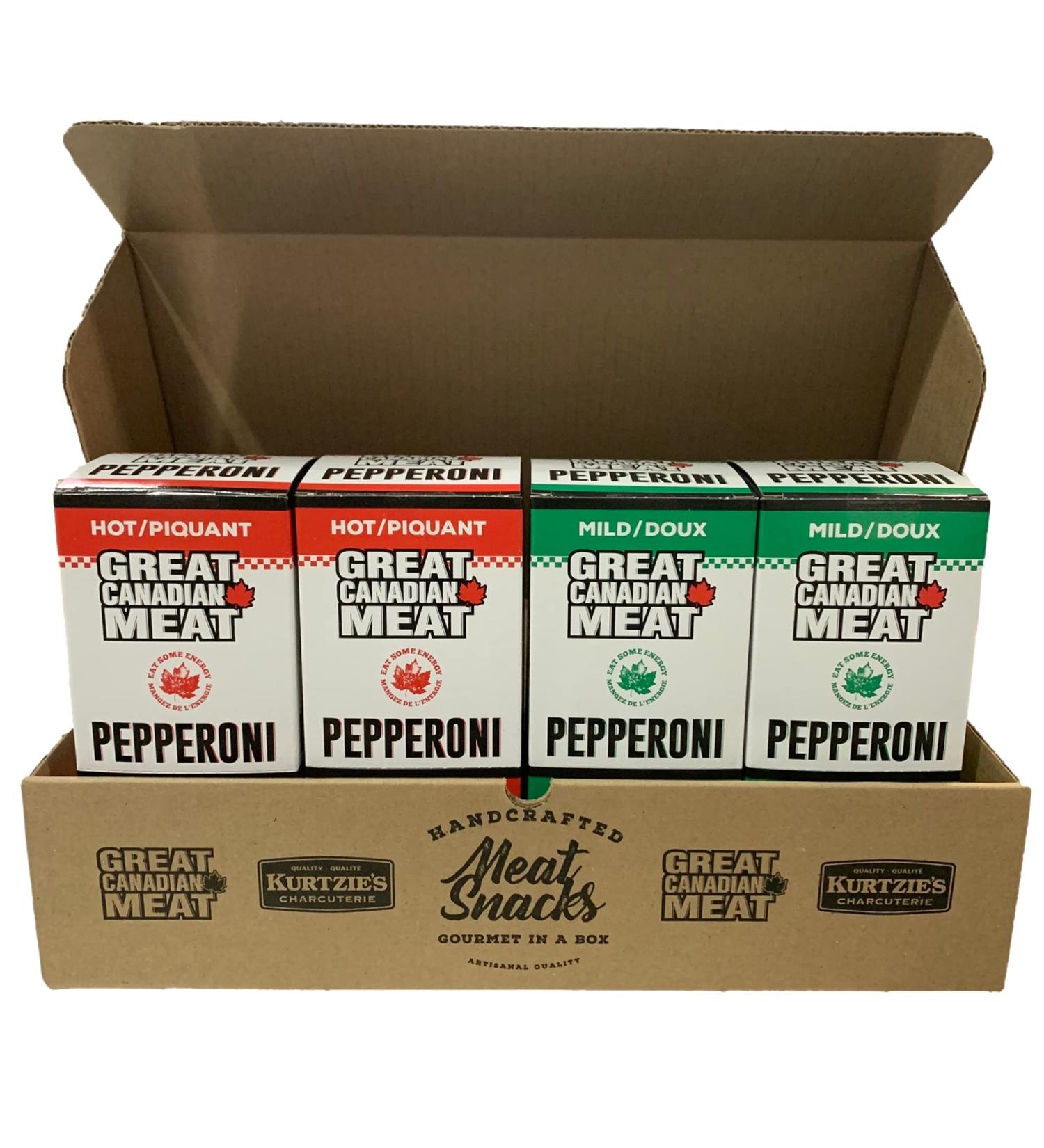 Mild & Hot Authentic Pepperoni Sticks Bulk Box 2x Hot / 2x Mild Pepperoni Bundle 72 x 22g Caddies by Great Canadian Meat Meat Stick Snacks Bulk Pepperoni Sticks Box For Carnivores. Perfect For Snacking Gluten Free High In Protein
