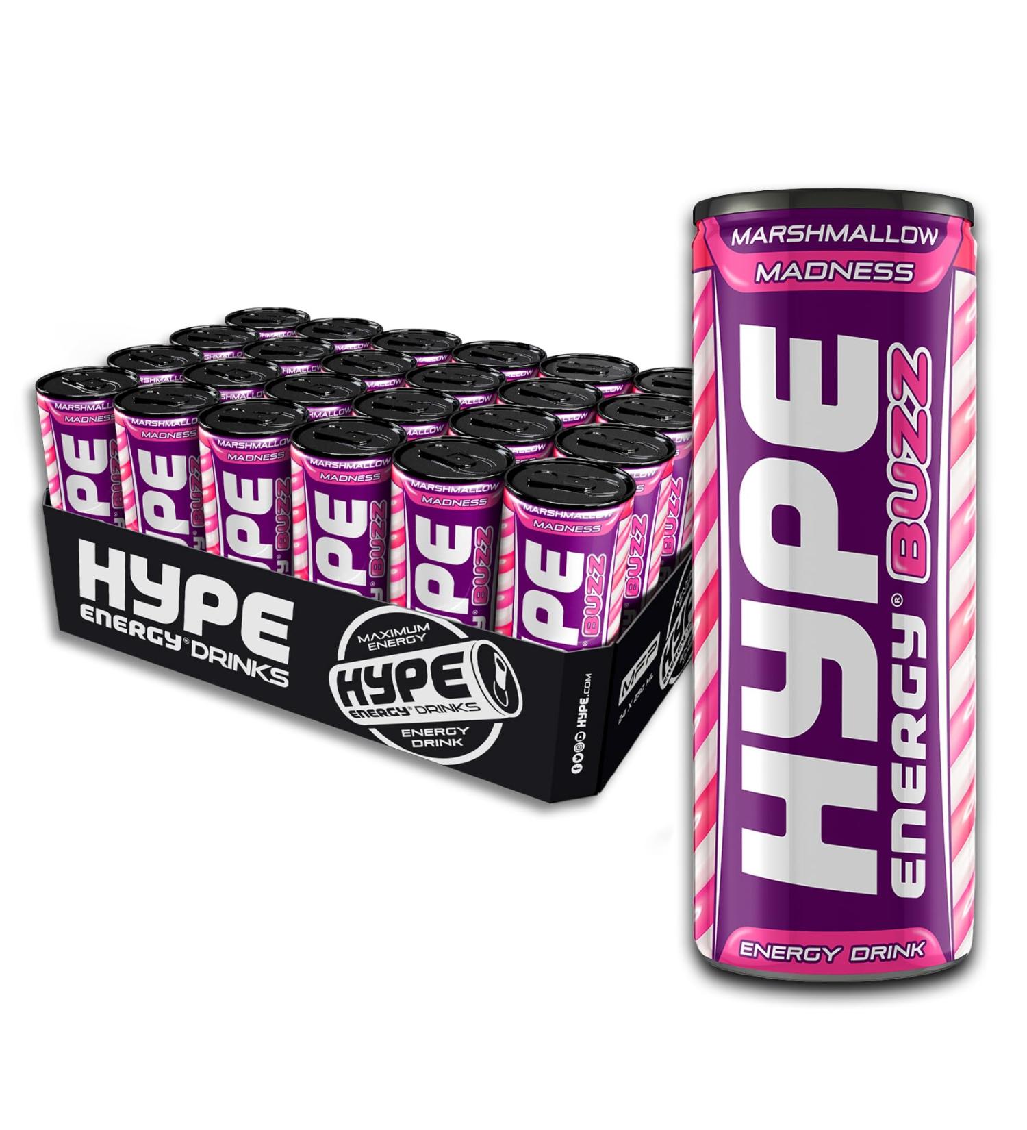 Hype Energy BUZZ MarshMallow Madness Energy Drink - 24x250ml | Caffeine, Taurine, and B-Vitamins | Vegan & Gluten Free | Berrylicious Marshmallow Flavor - Buy Online on GoSupps.com
