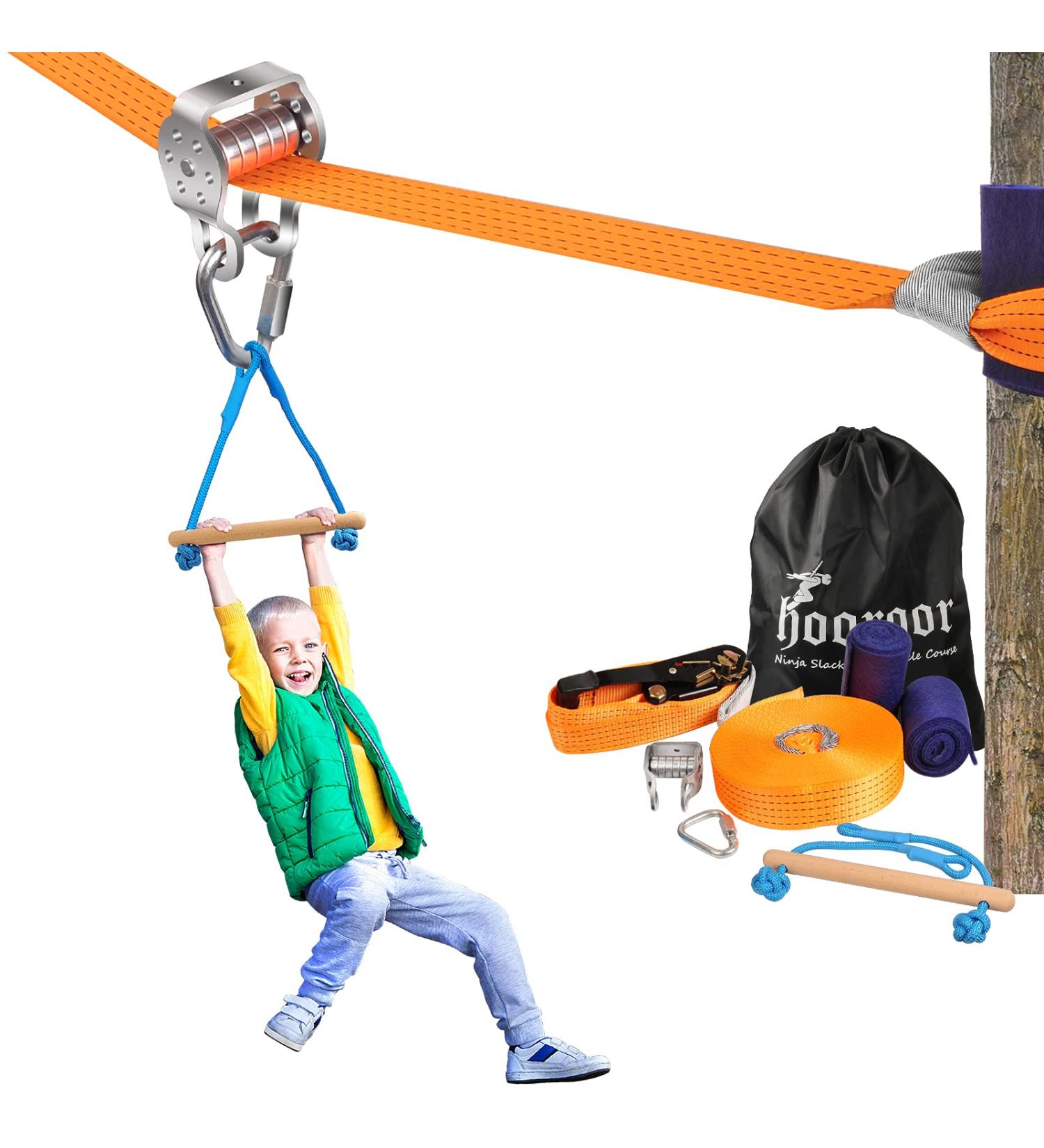 Hooroor Slackline Pulley with 52FT Zipline & Monkey Bar - Ninja Warrior Obstacle Course for Kids & Adults - Outdoor Toys Playset for Backyard Jungle Gym - Buy Online on GoSupps.com