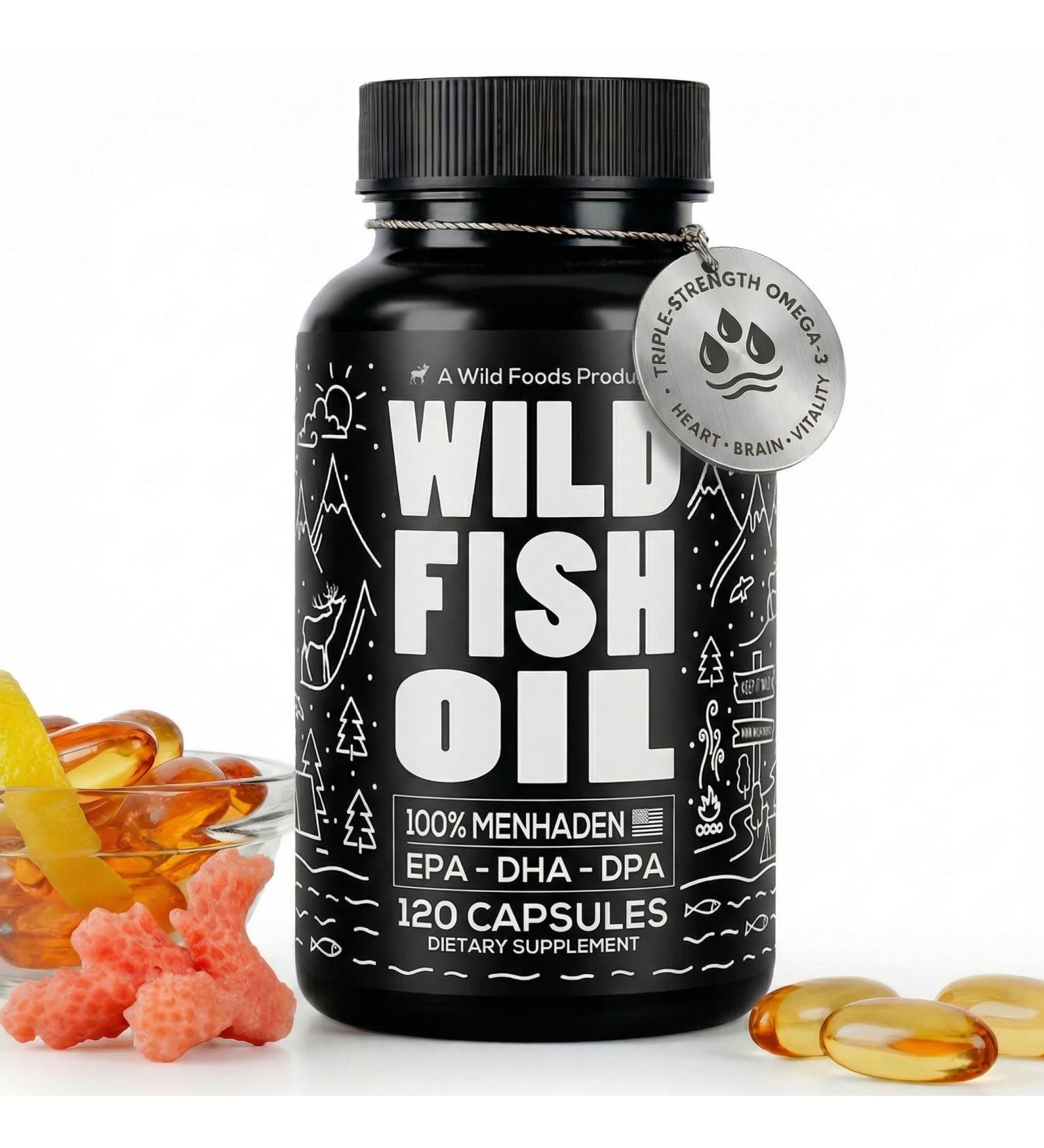 Wild Foods Omega 3 Fish Oil Supplement, 120 Capsules (1 pk) | Wild Caught, Burpless, Odorless, Non-GMO, Gluten Free | DPA, DHA, EPA Triple Strength Heart & Joint Nutrition for Women & Men 120 Count (Pack of 1) - Buy Online on GoSupps.com