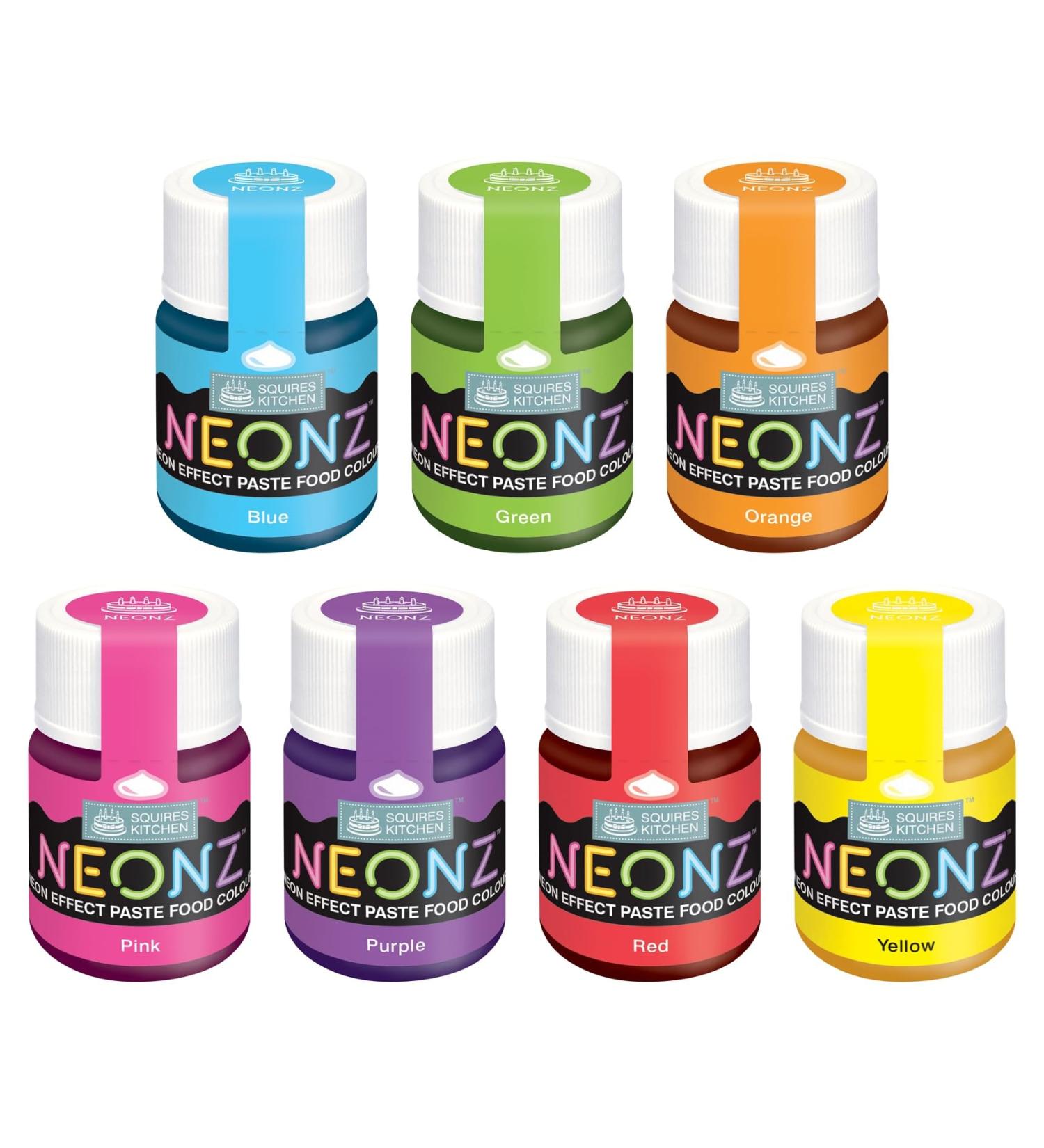 Squires Kitchen NEONZ Neon Effect Food Colouring Paste Rainbow Colours 7 Set Perfect for Buttercream Sugarpaste Modelling Pastes Fondant Royal Icing Cake Mixes and more! Rainbow 7 Set - Buy Online on GoSupps.com