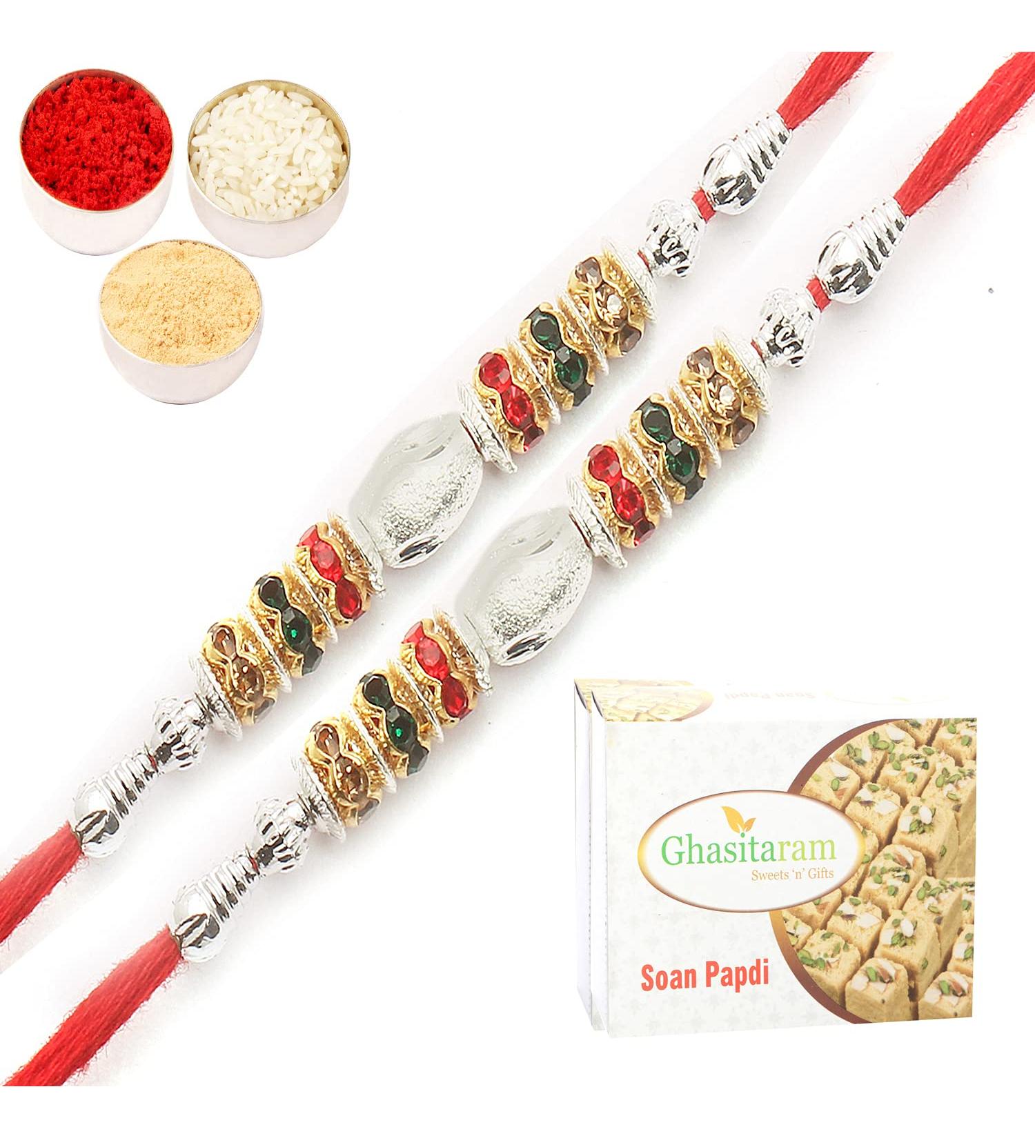 Ghasitaram Gifts Rakhi for Brother Rakhis Online-Set of 2-9884 Fancy Thread Rakhi with 400 GMS of Soan Papdi - Buy Online on GoSupps.com