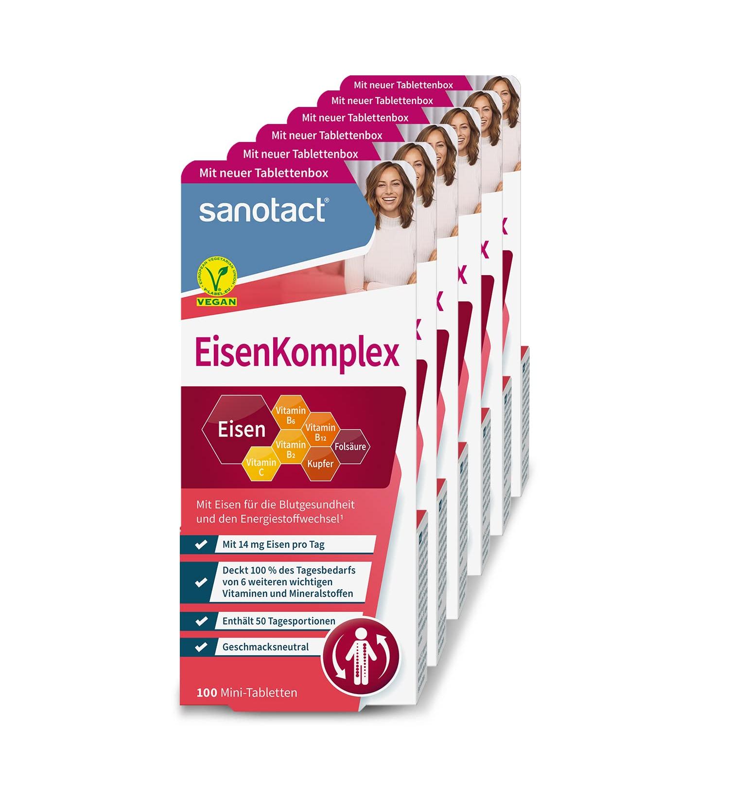 Sanotact Iron Complex - 6x100 Mini Tablets | 14mg Iron Copper Folic Acid Vitamin C | Vegan Supplement for Iron Deficiency & Blood Formation - Buy Online on GoSupps.com
