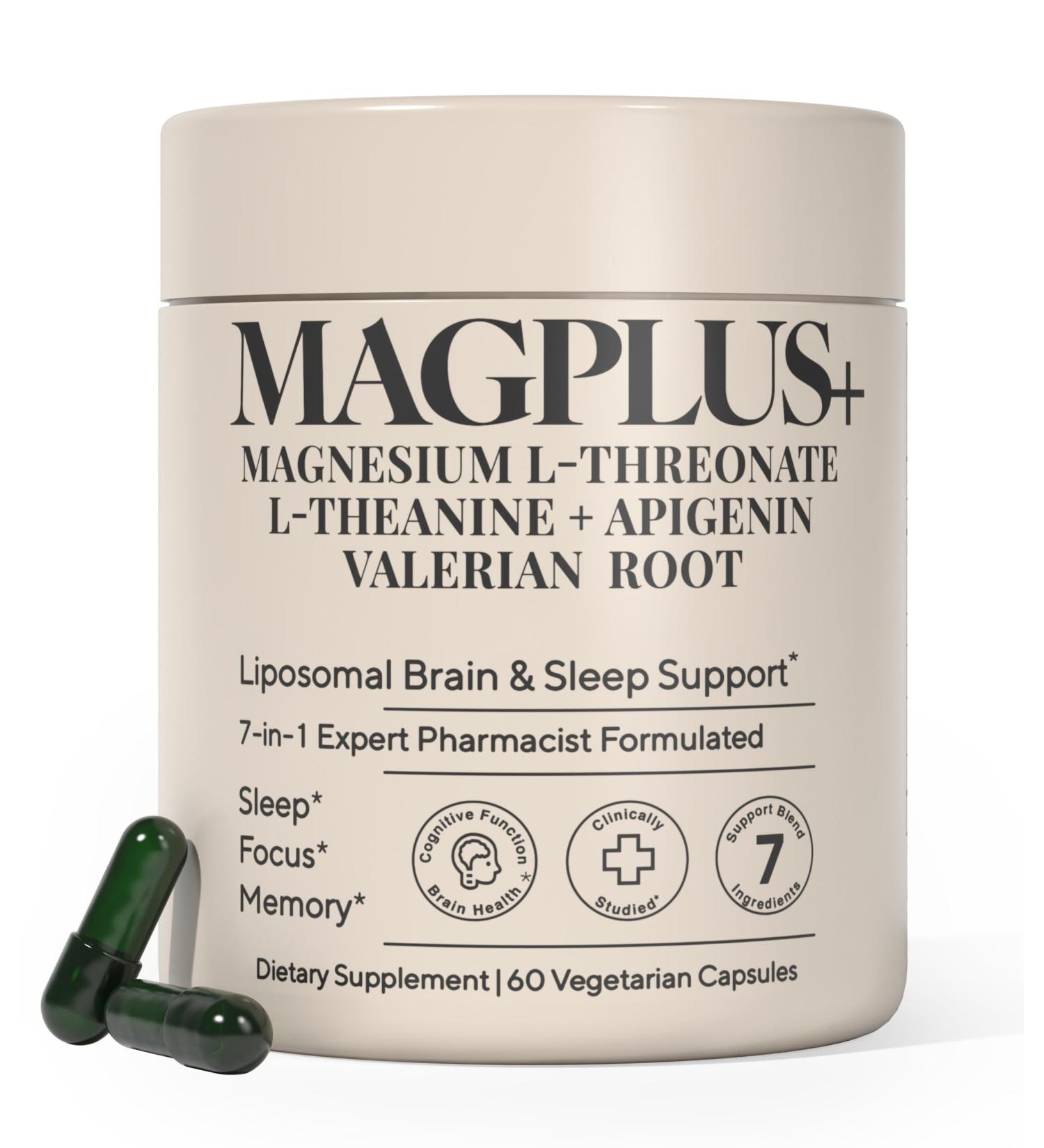 MAGPLUS+ Magnesium L-Threonate w Apigenin & L Theanine, 1500mg 7-Ingredient Sleep Blend - Brain & Memory Support - Liposomal Magnesium Threonate Supplement (60, Sleep & Brain) - Buy Online on GoSupps.com