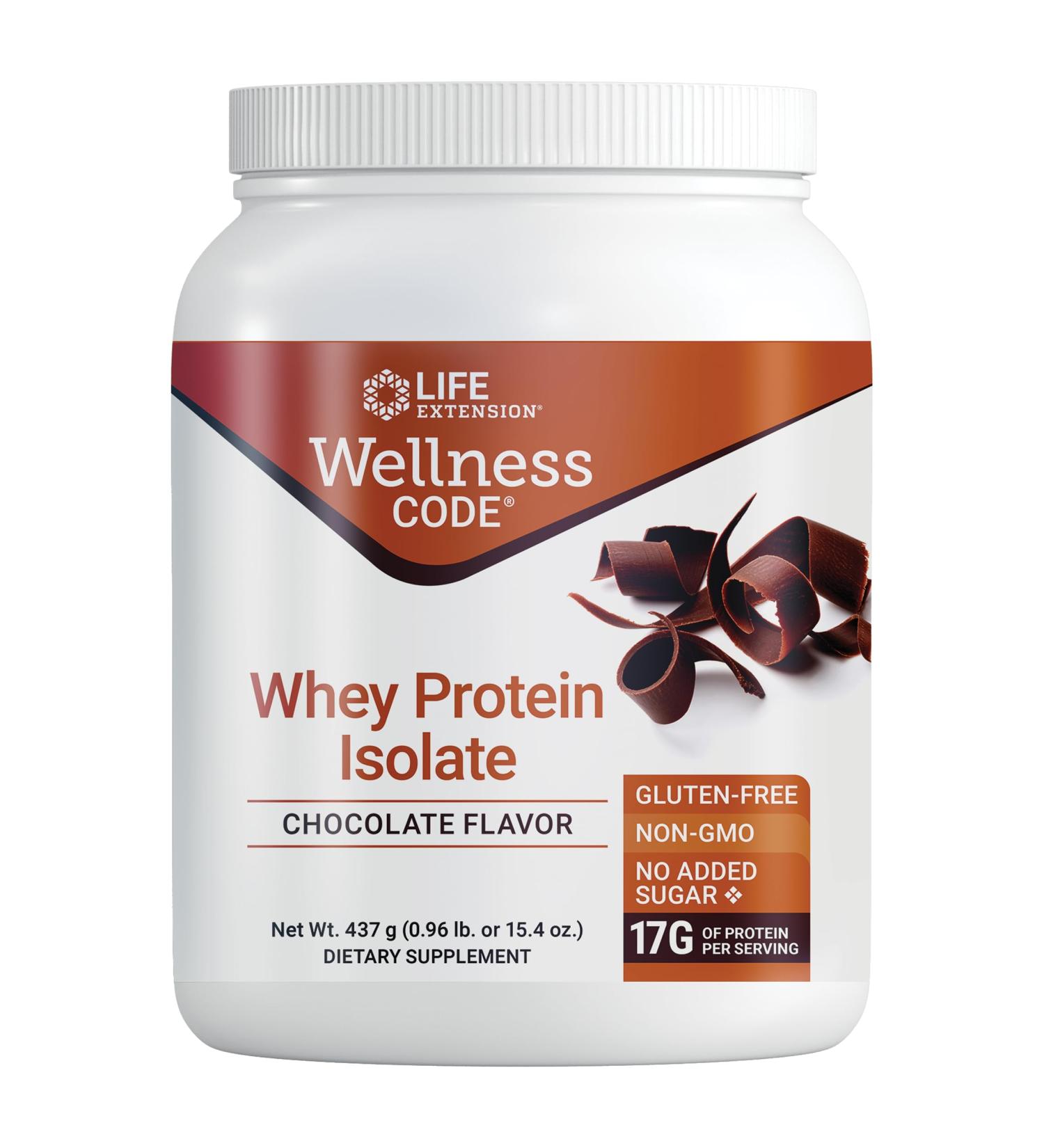 Life Extension Wellness Code® Whey Protein Isolate (Chocolate) – Sugar-Free Gluten-Free Non-GMO 20 Servings for Muscle Growth & Immune Health - 437g - Buy Online on GoSupps.com