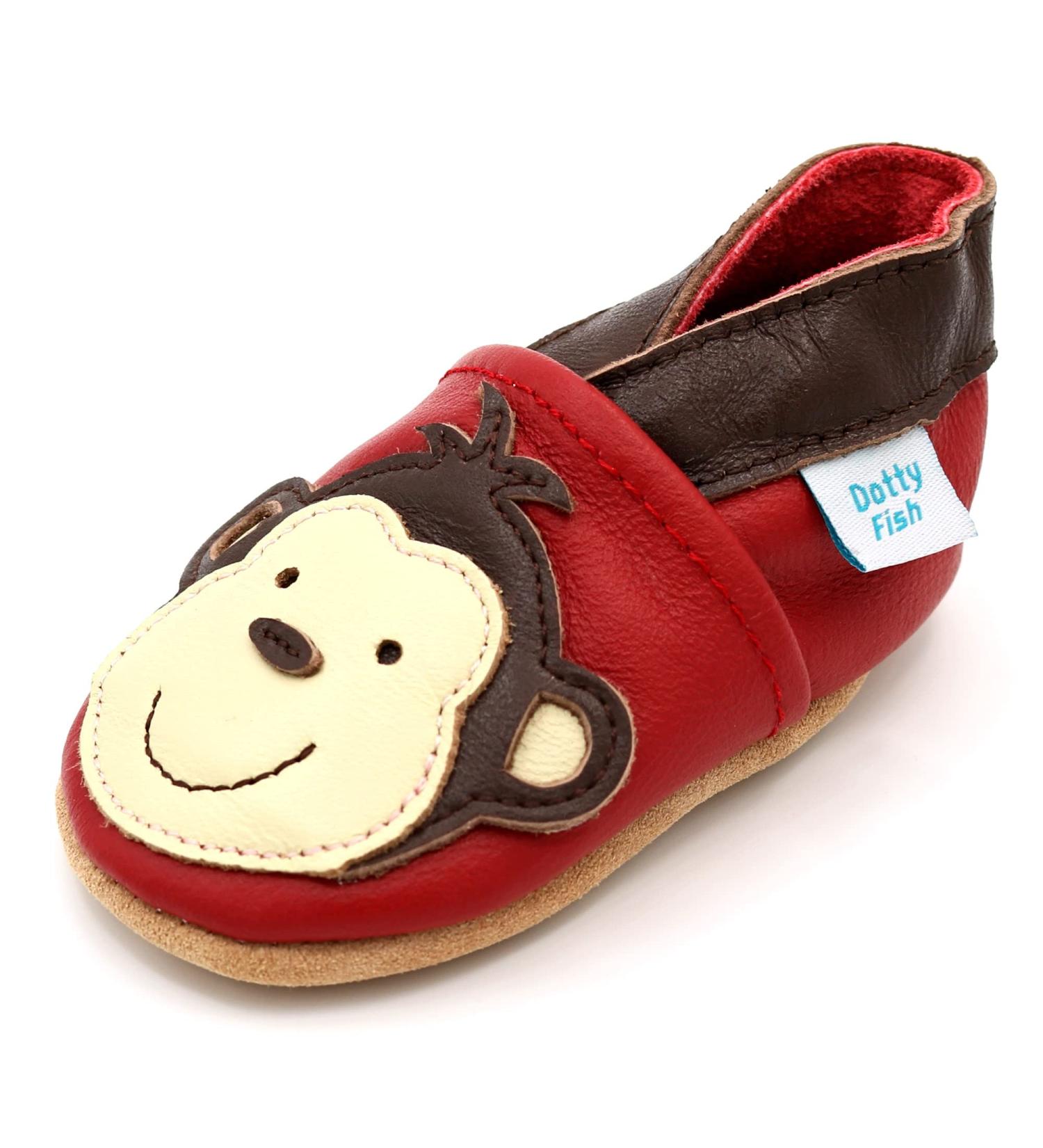 Dotty Fish Soft Leather Baby Shoes for Boys | Non Slip Toddler Shoes | Animal Designs | Red Monkey | 0-6 Months to 4-5 Years - Buy Online on GoSupps.com