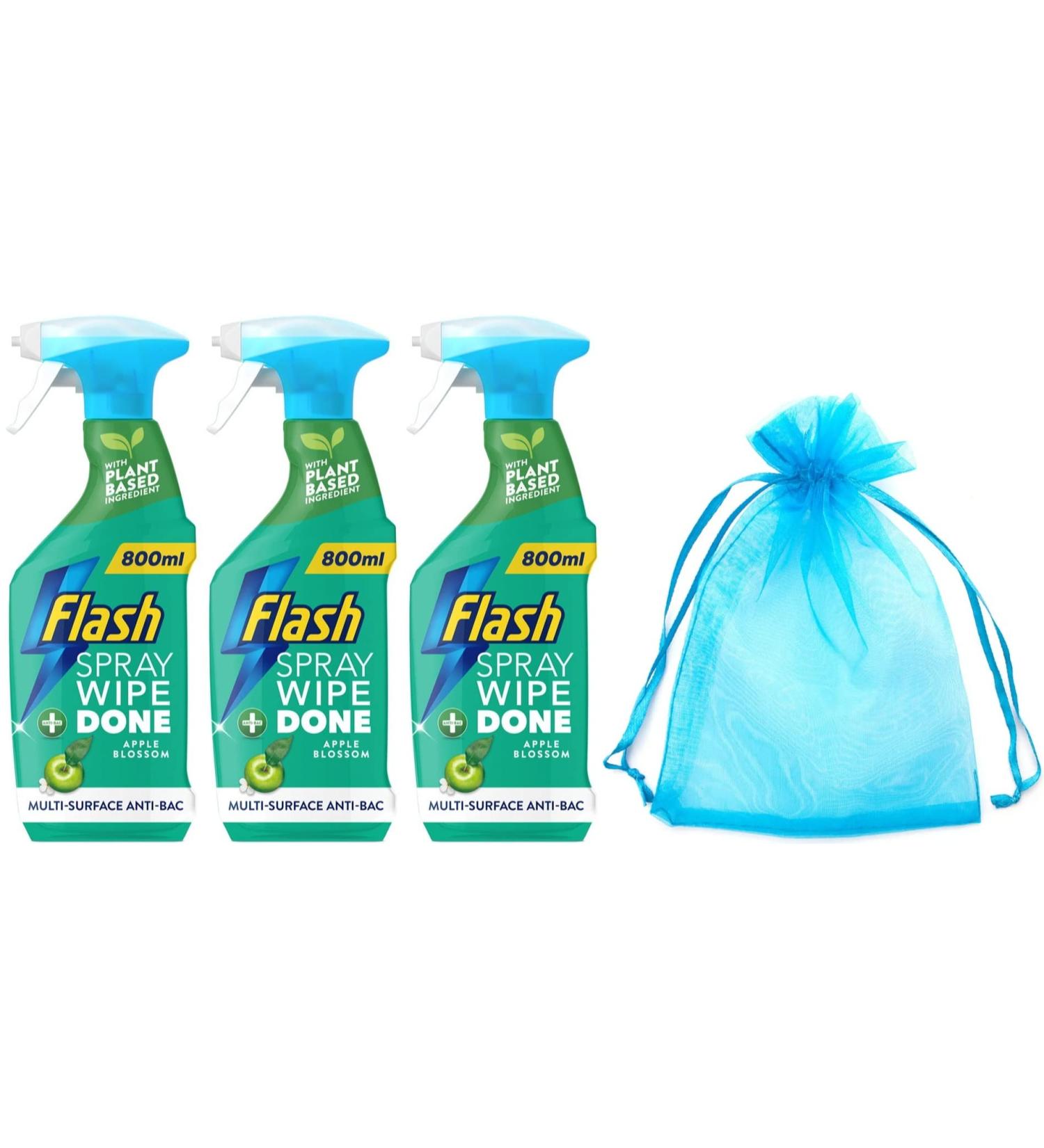 Flash Sparkling Home Spray Wipe Done Antibacterial Multi-Surface Cleaner 800ml Apple Blossom Scent 3Pk + Our Gift for You: Organza Bag Size: 9x7x0.1cm - Buy Online on GoSupps.com