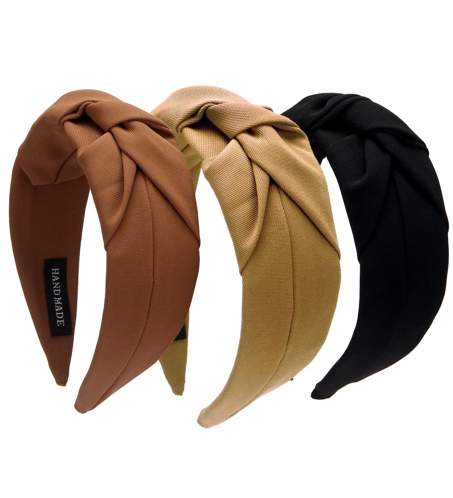 3PCS Pure Color Wide Knotted Headbands Set - Elastic Hair Accessories for Women and Girls (Black+Beige+Brown) - Buy Online on GoSupps.com