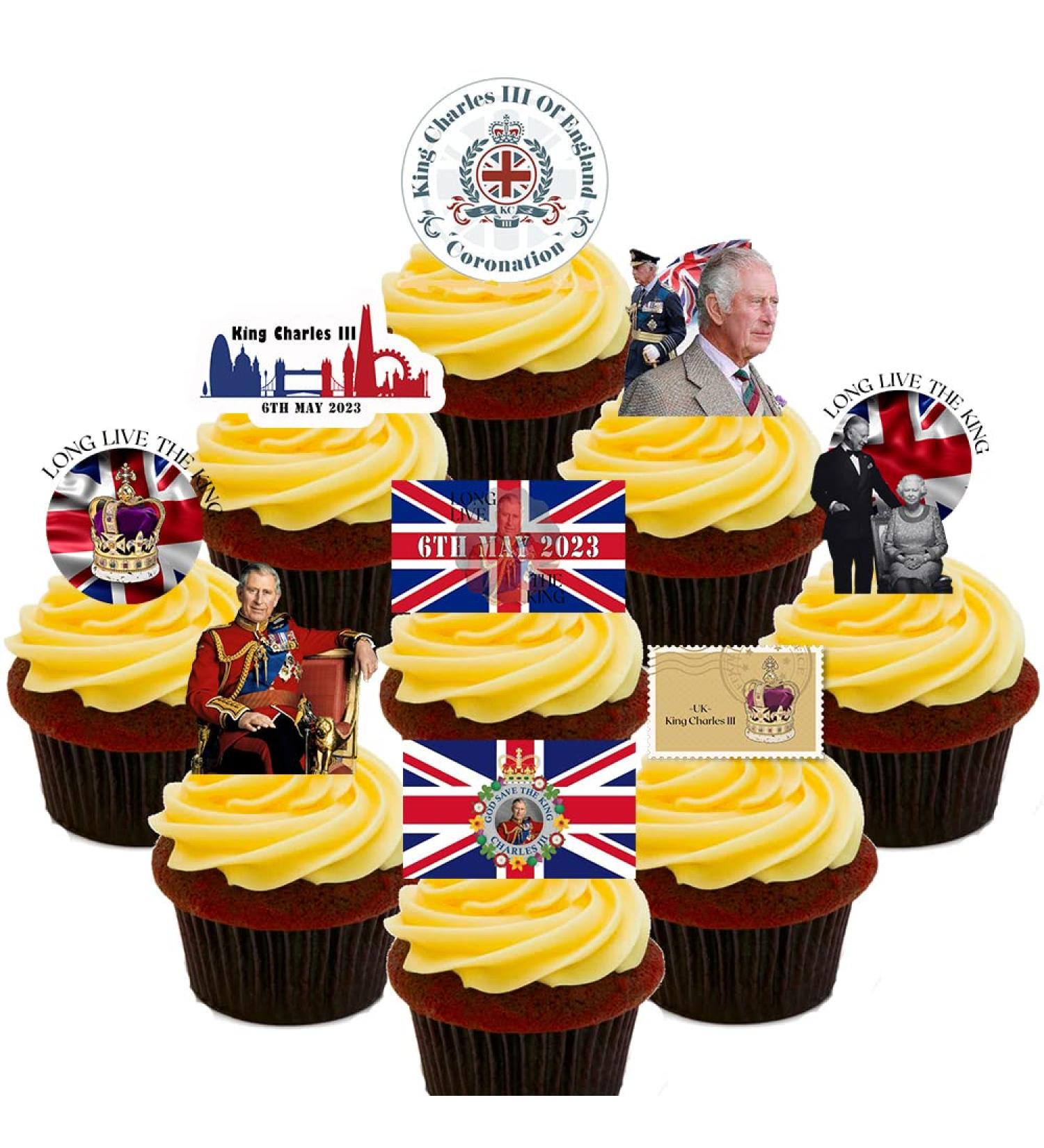 King Charles Coronation Party Pack - Edible Cupcake Toppers - Stand-up Wafer Cake Decorations (Pack of 36)
