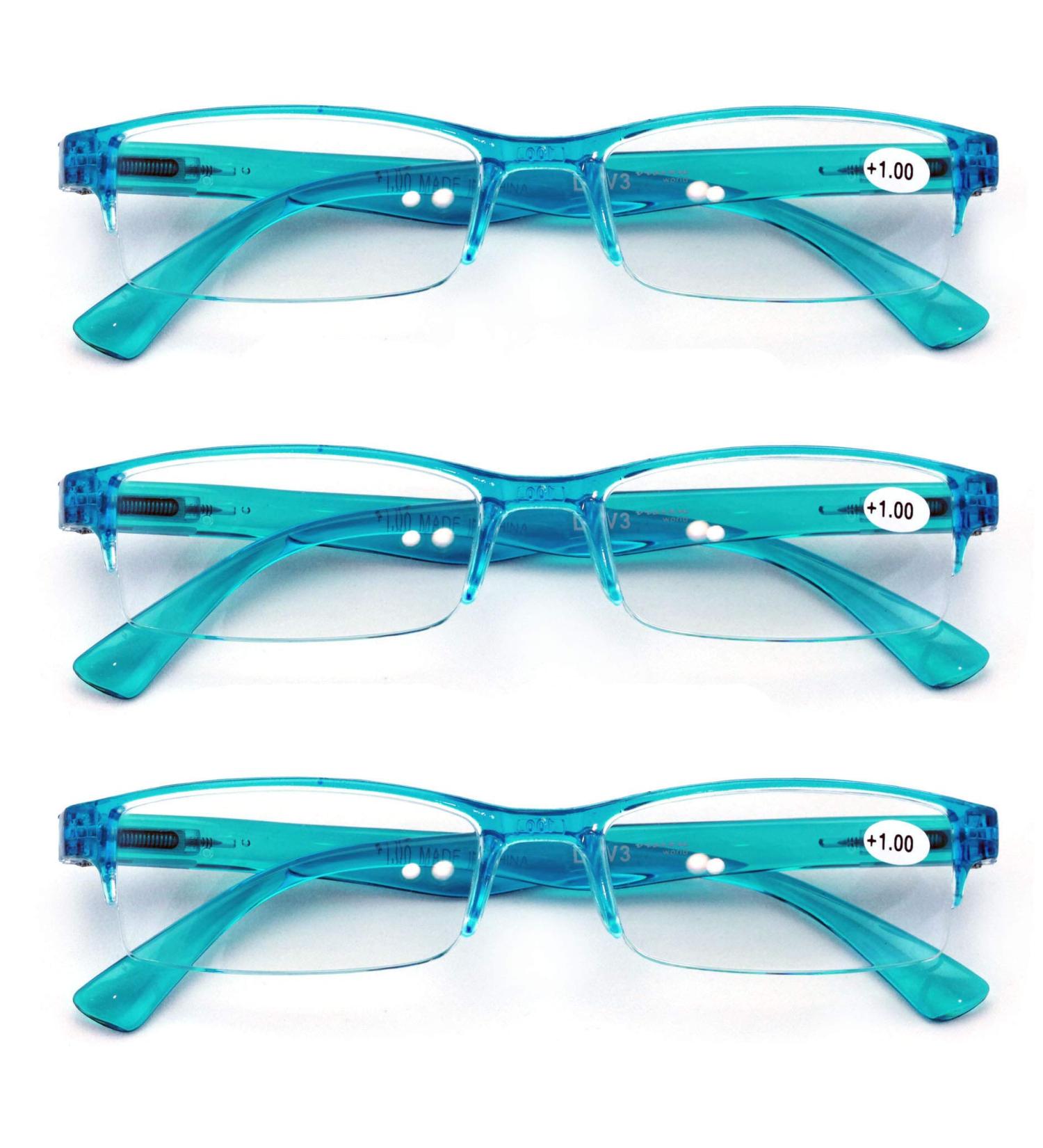 V.W.E. 3 Pairs Lightweight Rectangular Unisex Readers with Spring Hinge - Slim Blue Reading Glasses 2.0x for Comfortable Vision - Buy Online on GoSupps.com