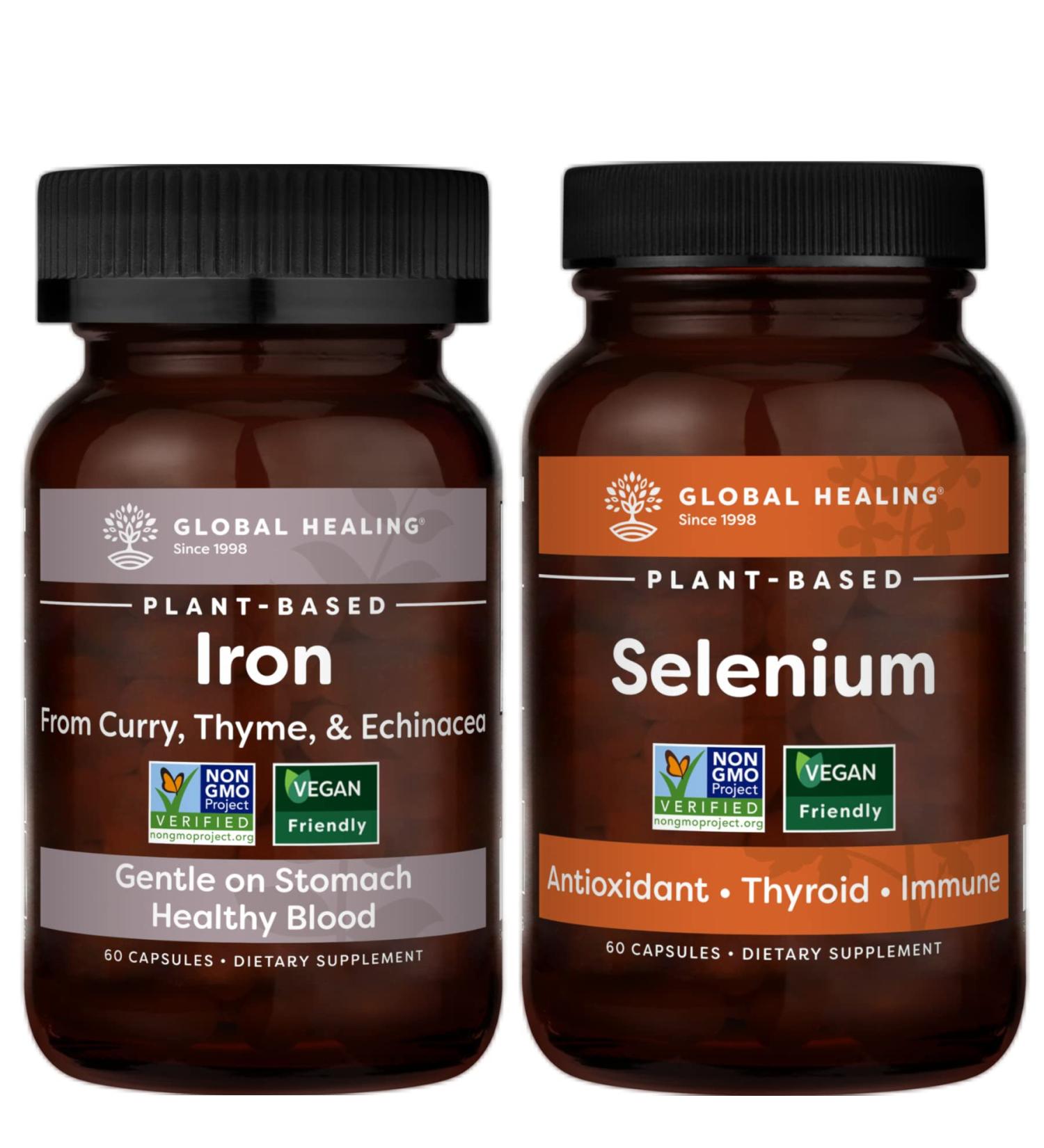 Global Healing Iron Health & Selenium Kit - Vegan Supplement for Blood Builder Support, Energy, Brain Health, Antioxidants, Thyroid & Immune System - 120 Capsules - Buy Online on GoSupps.com