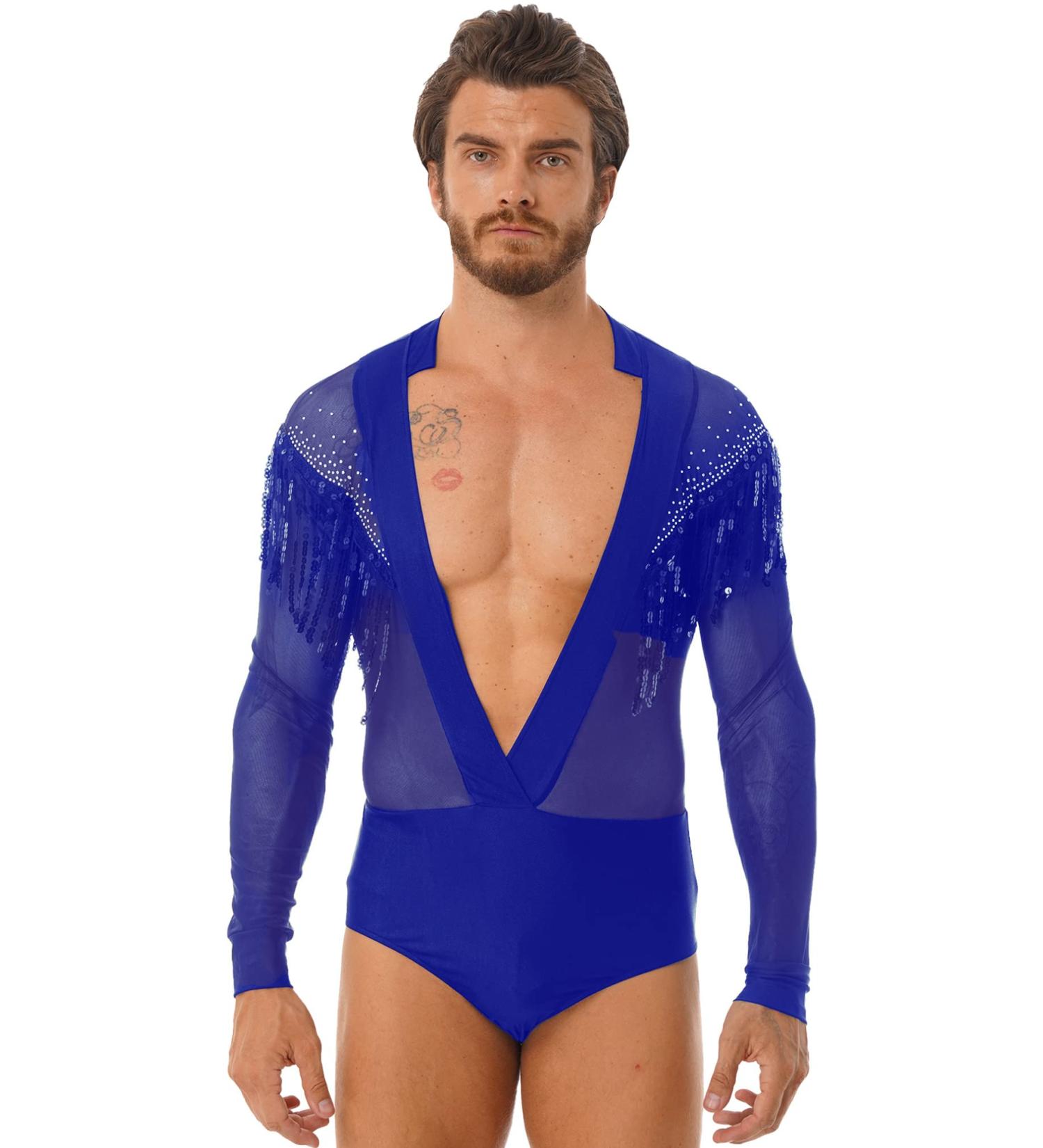 JEATHA Men's Shiny Rhinestone Latin Dance Bodysuit T-Shirt - Royal Blue, Size B Small - Buy Online on GoSupps.com
