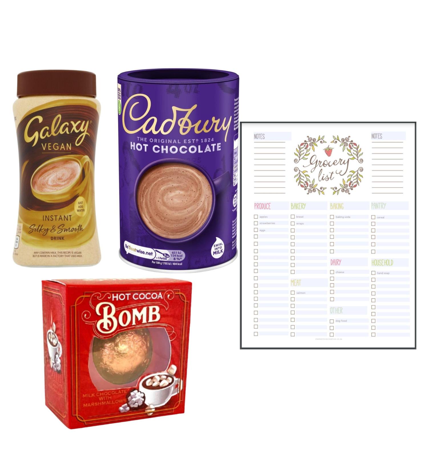 Hot Chocolate Bundle which Contains Cadbury Drinking Hot Chocolate 500g and Galaxy Vegan Instant Hot Chocolate Drink 250g Including Hot Chocolate Bomb With Marshmallows 24g and Grocery List Card - Buy Online on GoSupps.com