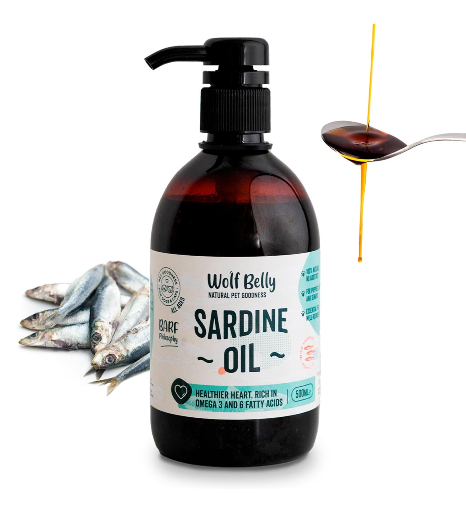 Wolf Belly - 100% Natural Sardine Oil for Dogs and Cats (500 ml) Rich in Omega 3 6 9 and Vitamin E Healthy Skin and Shiny Coat Strong Joints Healthy Immune System - Made in EU - Buy Online on GoSupps.com