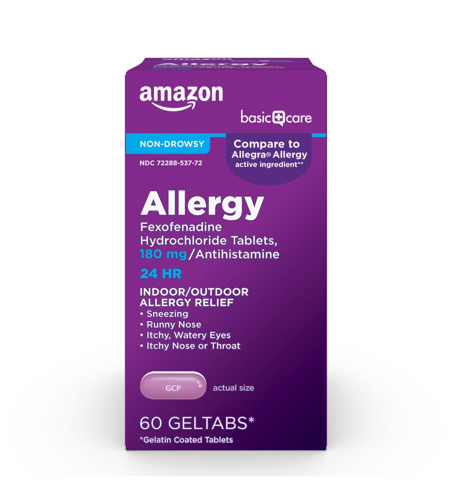 Buy Amazon Basic Care 24 Hour Allergy Relief Fexofenadine Hydrochloride 180mg Geltabs - Non-Drowsy Antihistamine 60 Count - International Shipping Available - Buy Online on GoSupps.com