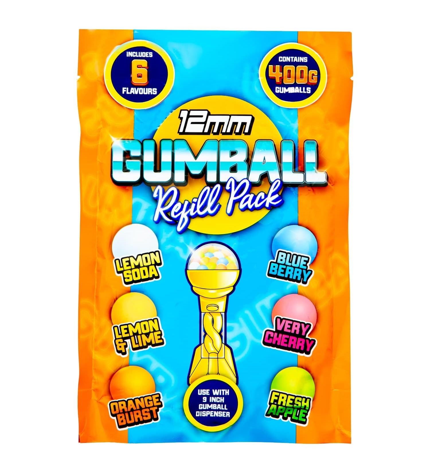 Gum Refill Pack 12mm 400g - Complete With Six Flavours - Delicious Refill Pack Of Flavoured - Includes - Lemon Soda - Lemon & Lime - Orange Burst - Blue Berry - Very Cherry - Fresh Apple