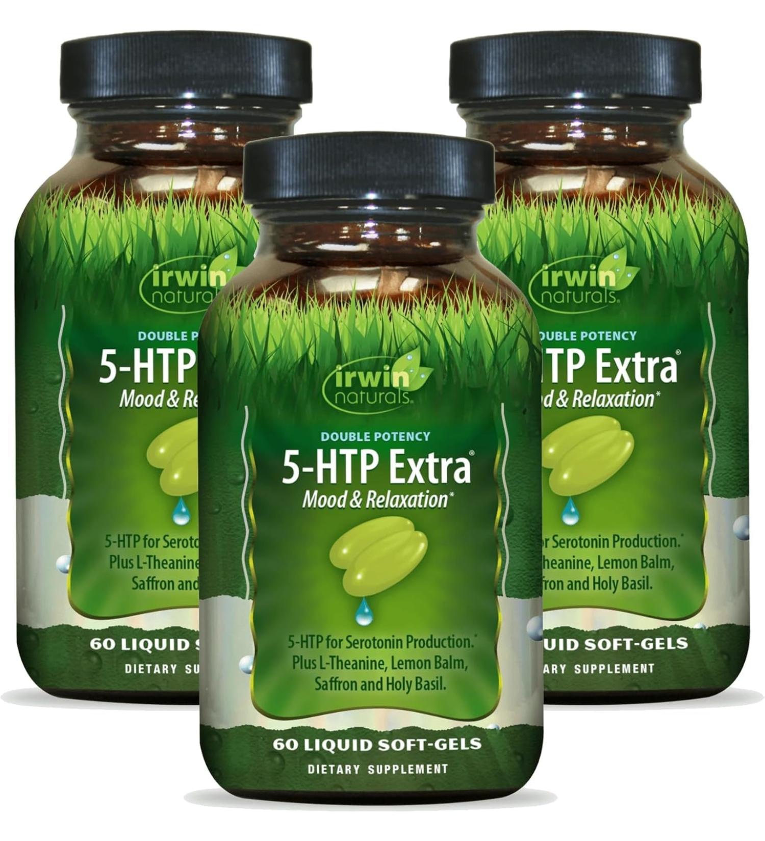 Irwin Naturals Double Potency 5-HTP Extra - 60 Liquid Soft-Gels, Pack of 3 - for Relaxation & Serotonin Production - 90 Total Servings - Buy Online on GoSupps.com