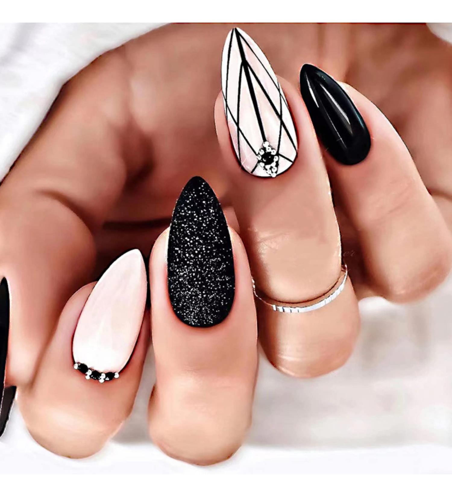 Justotry 24 Pcs Striped Stiletto False Nails Short - Trendy Almond Glitter Fake Nails with Nail Glue for Women - Black French Press on Nails - Nail Art - Buy Online on GoSupps.com