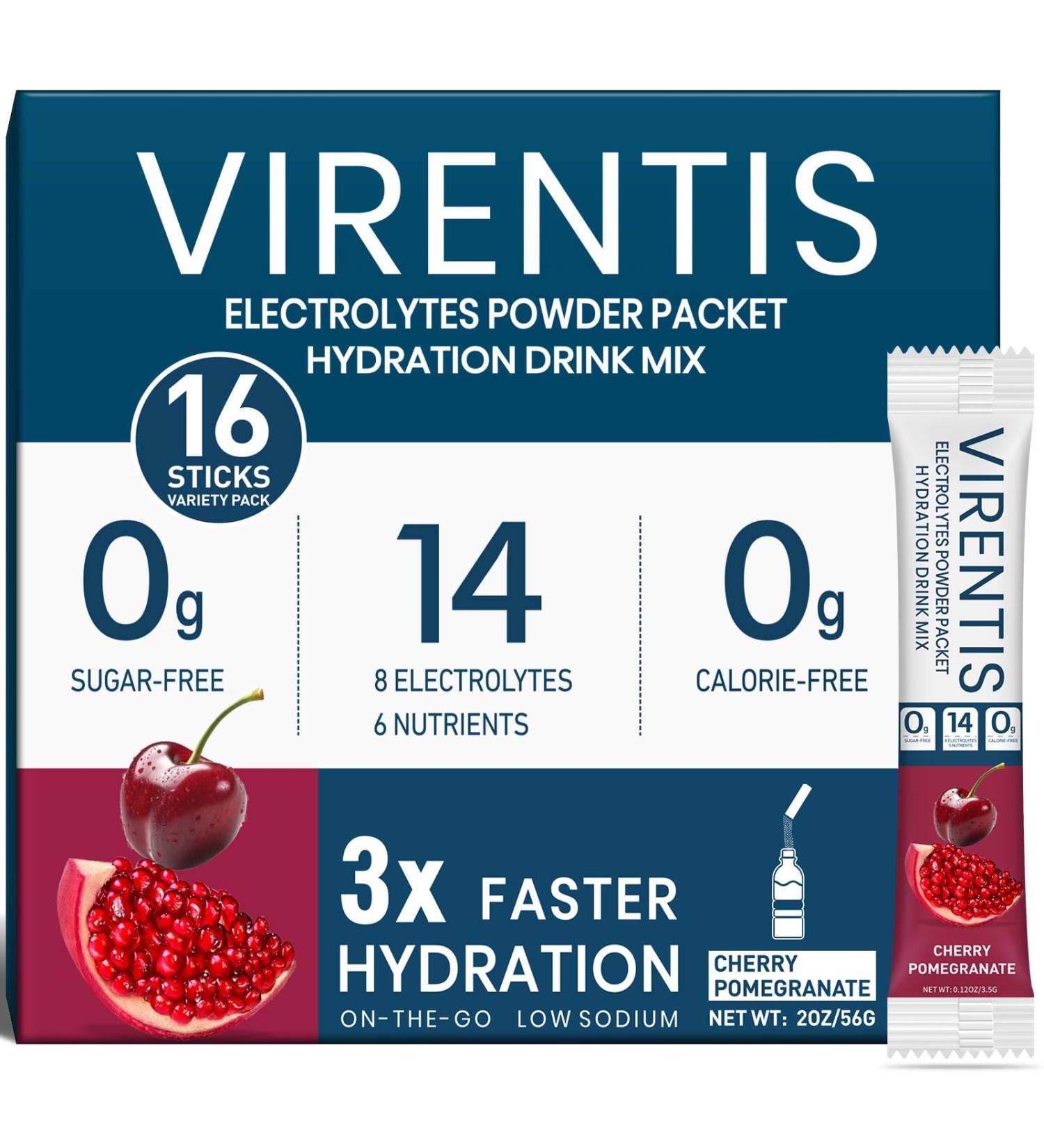VIRENTIS 16 Sticks Electrolytes Powder Packets Sugar Free Hydration Packets, Liquid Daily IV Electrolyte Drink Mix for Rehydration with 8 Electrolytes & 6 Vitamins, 0 Calorie, Low Sodium - Buy Online on GoSupps.com