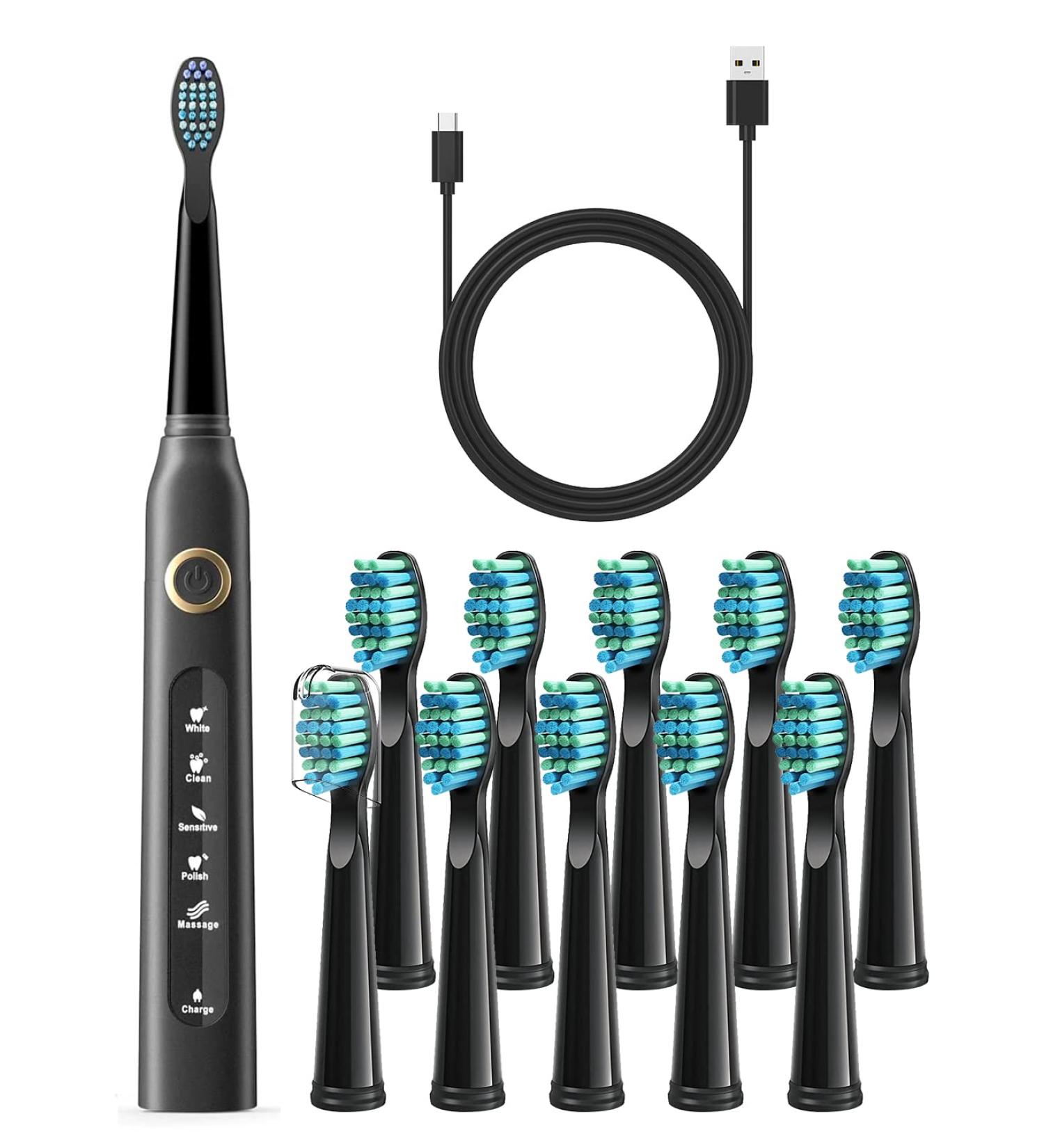 FamiHealth Rechargeable Electric Sonic Toothbrush for Adults - 5 Modes, 10 Heads, Black - Buy Online on GoSupps.com