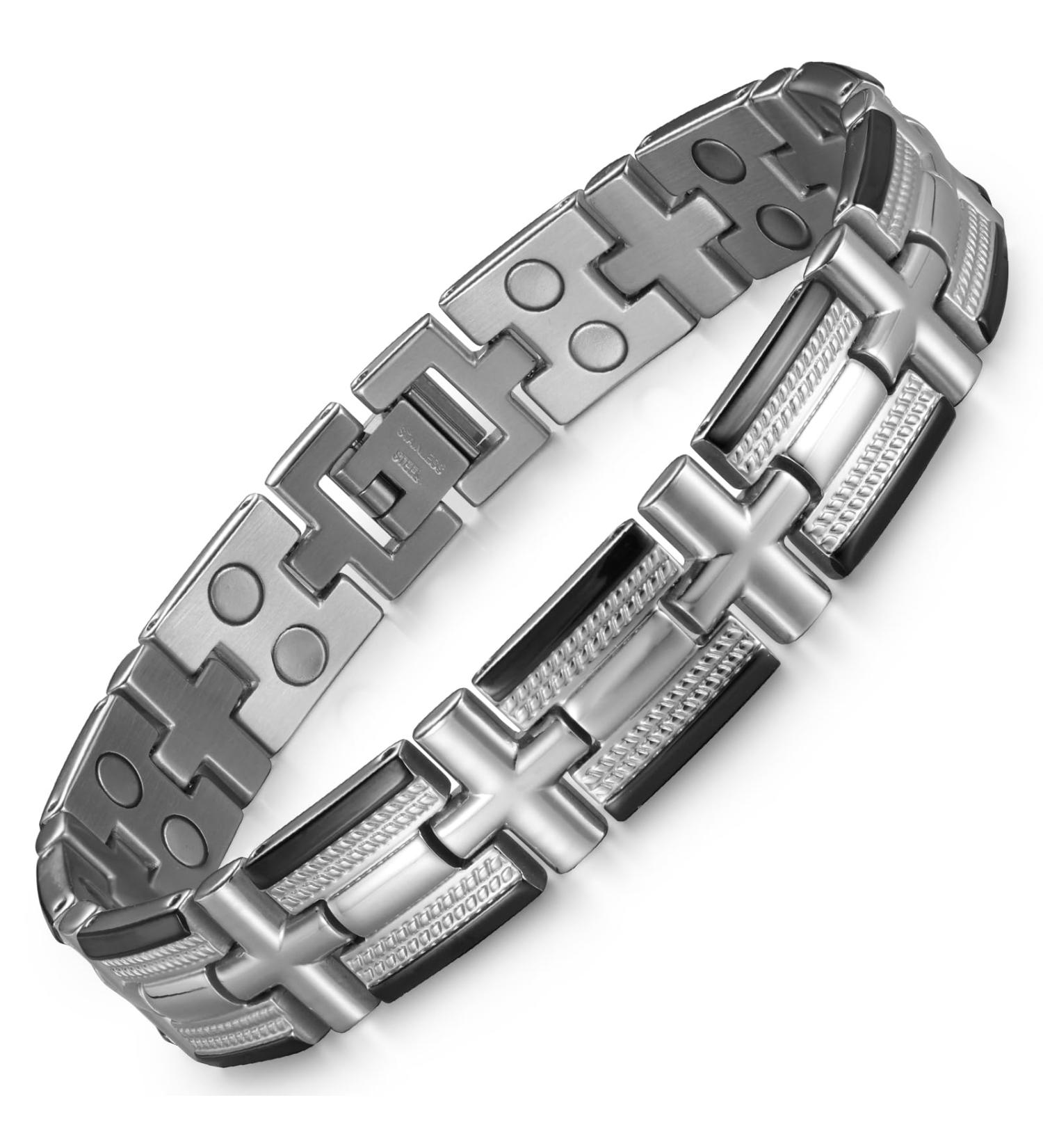 RainSo Magnetic Bracelet for Men - Stainless Steel Double Row Twist Braided Wristband 3500 Gauss Adjustable Black Silver Gift Box - Buy Online on GoSupps.com